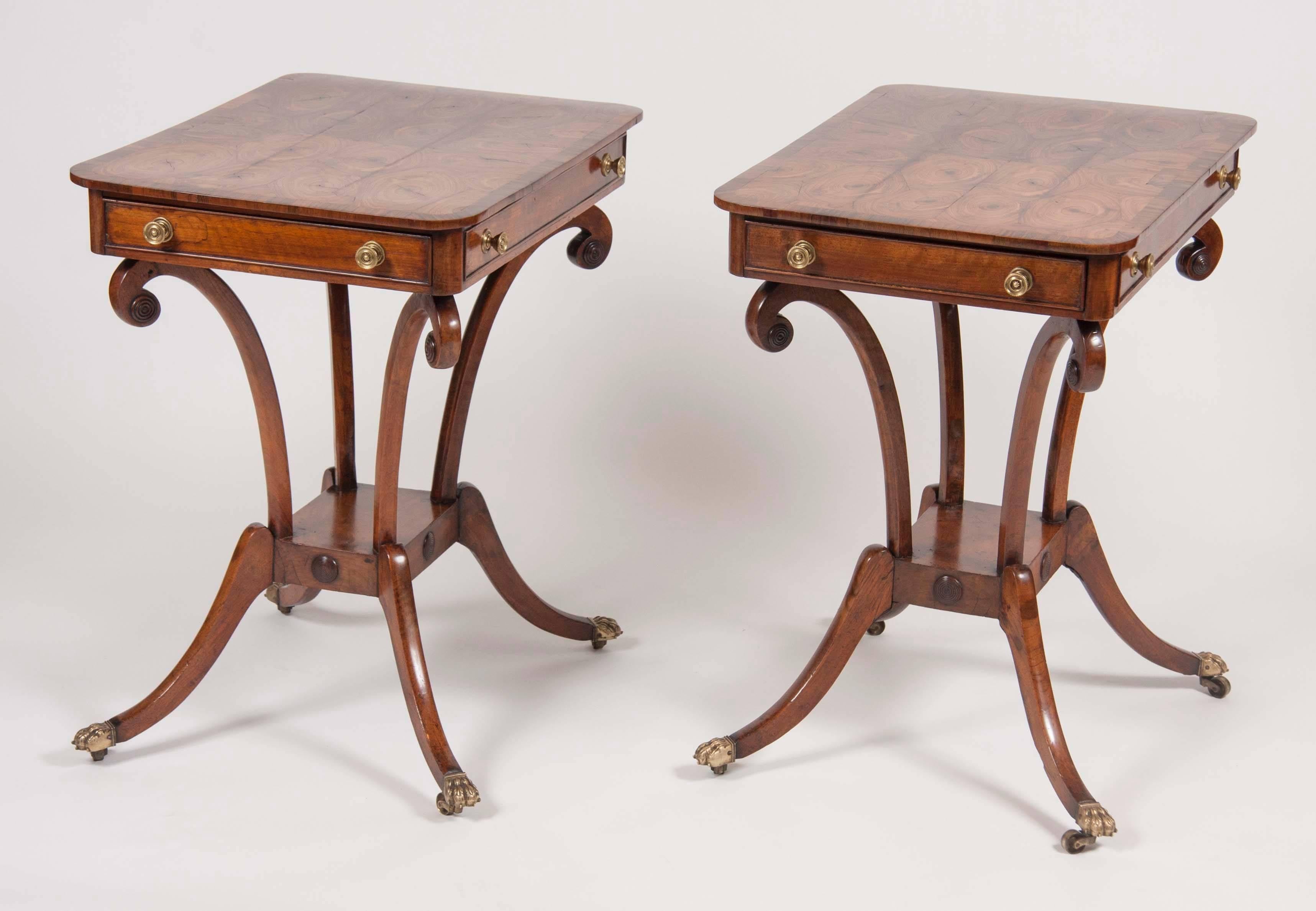 Early 19th Century Pair of Regency Oyster Veneer and Mahogany End Tables