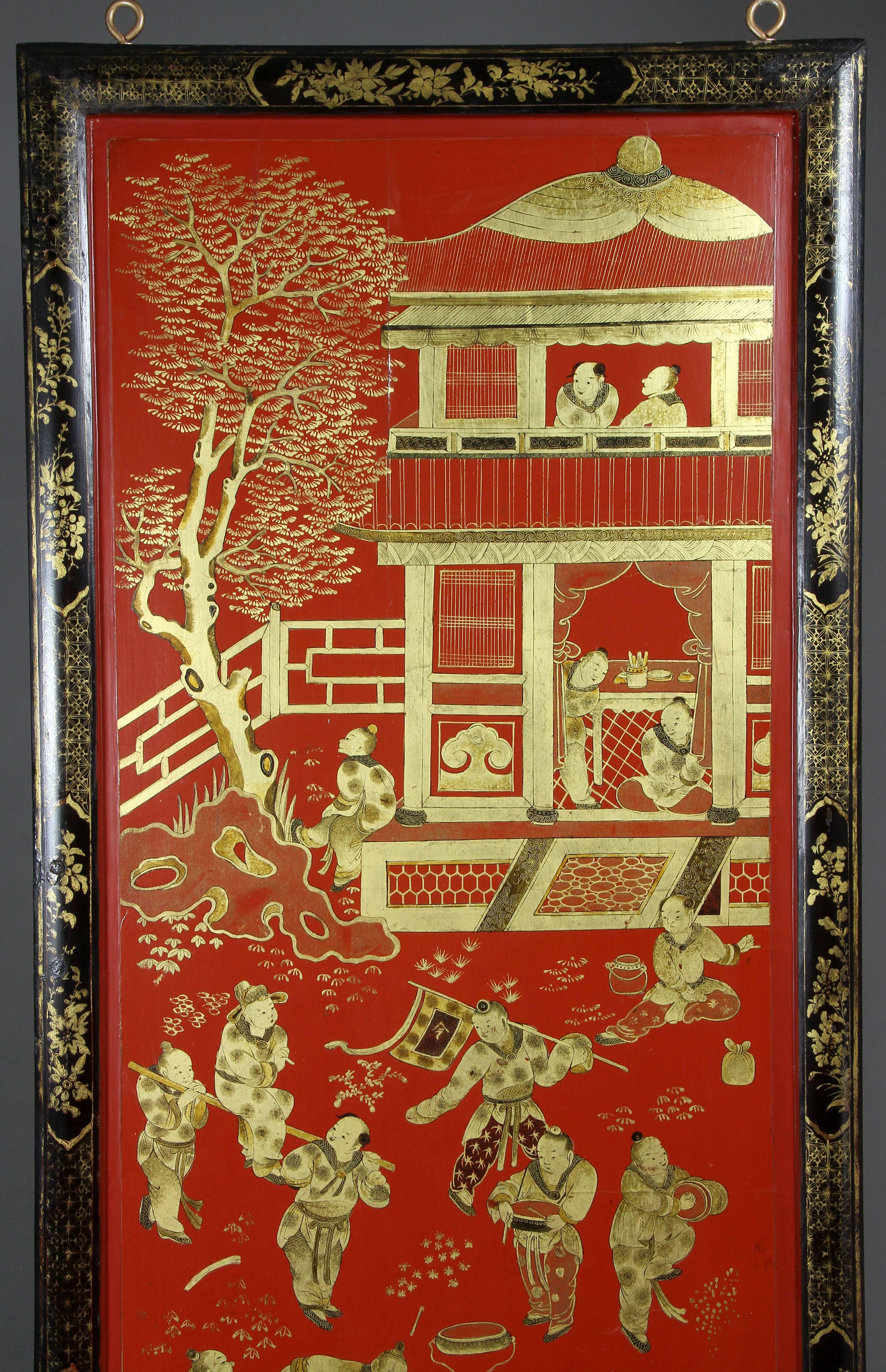 Three Chinese Export Red Lacquered Panels 4