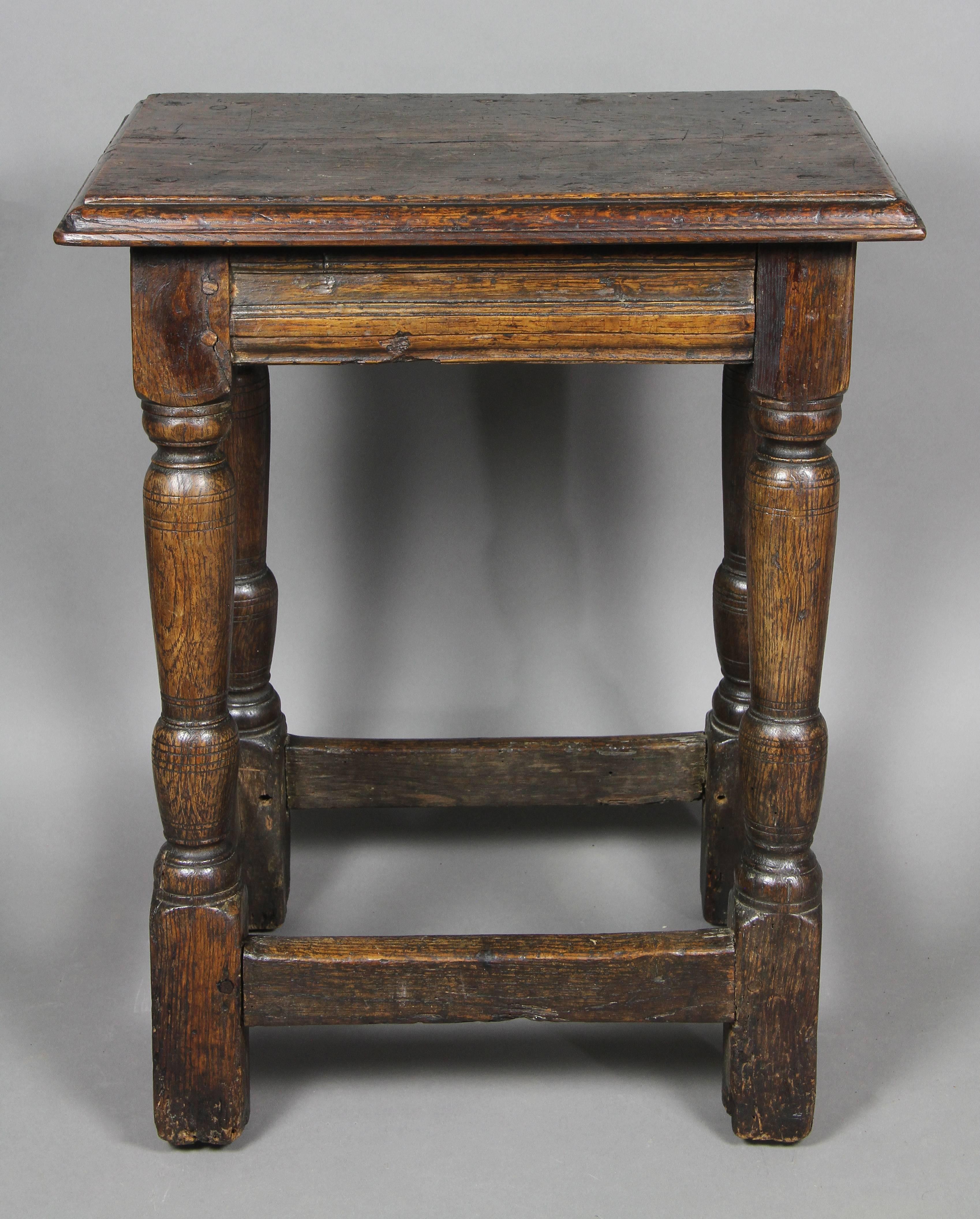 Rectangular top over a plain frieze and turned legs, box stretcher.