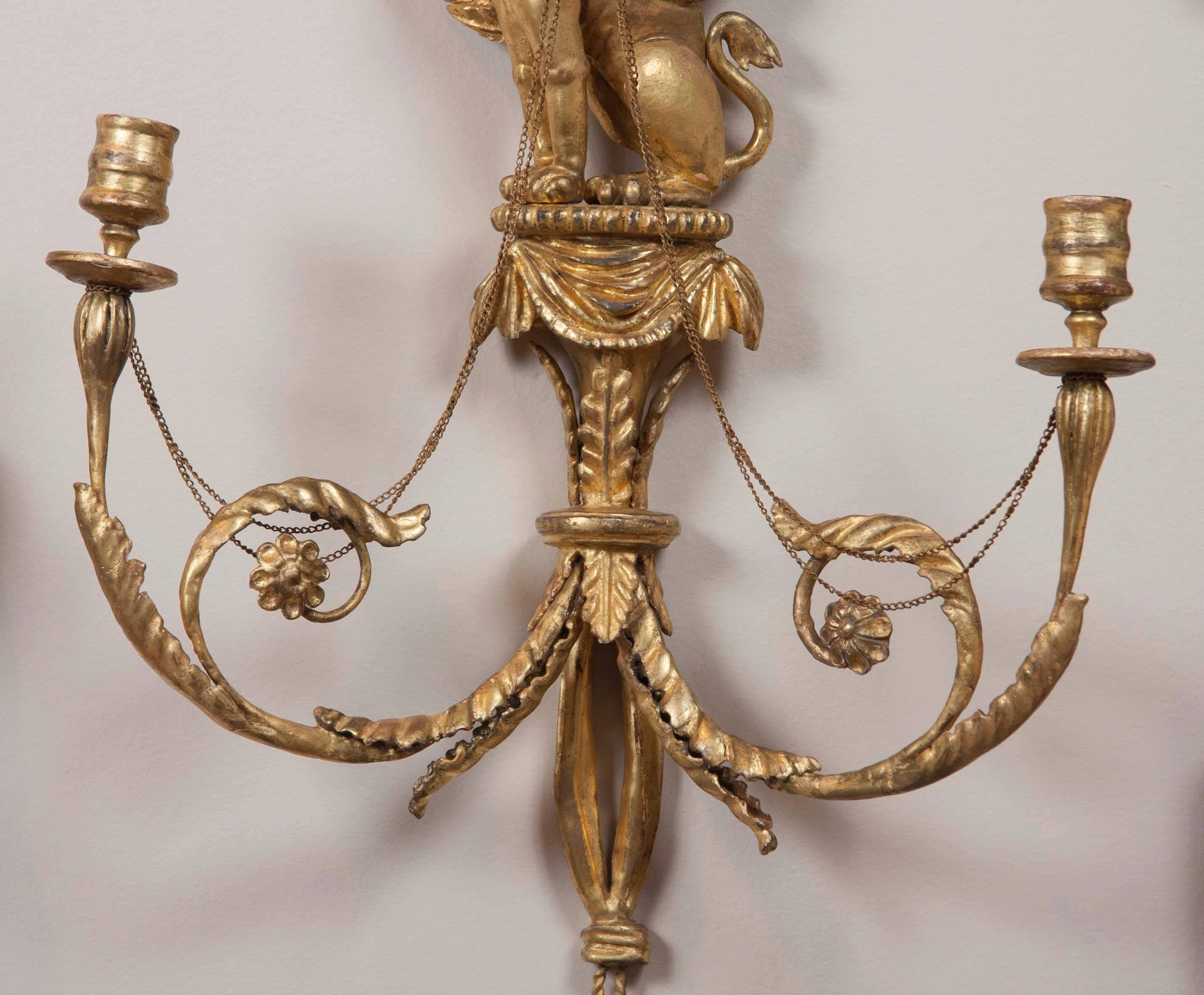 English Pair of Regency Style Giltwood Gryphon Wall Sconces For Sale