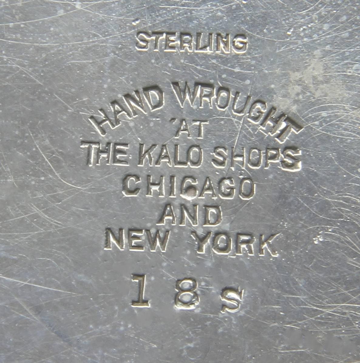 Circular with lobed pinched sides. Marked Kalo Shops Chicago and New York. 18s. 6 troy ounces.