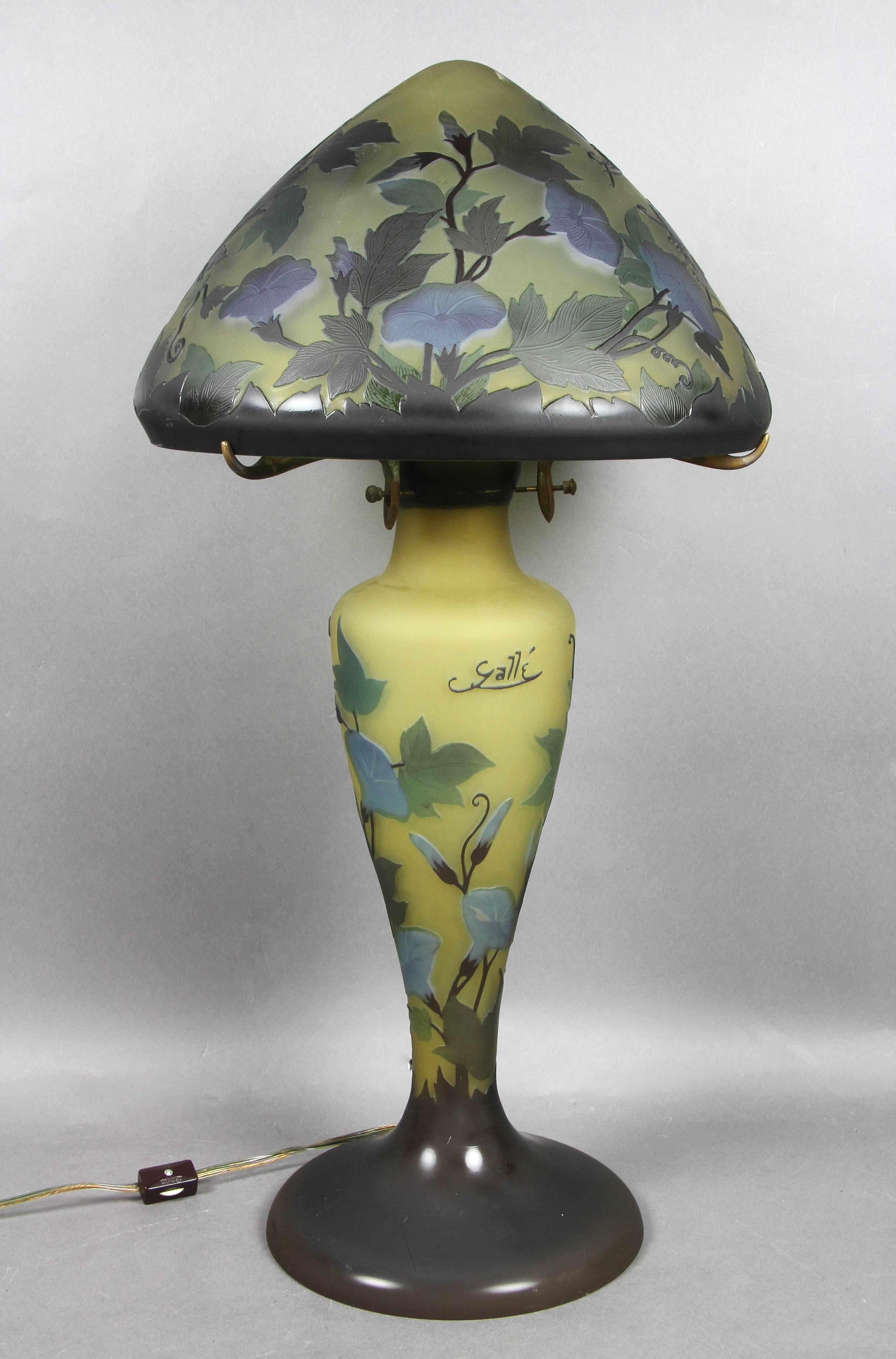Original Art Noveau glass table lamp by Emile Galle with signature. Etched glass, featuring a floral pattern.