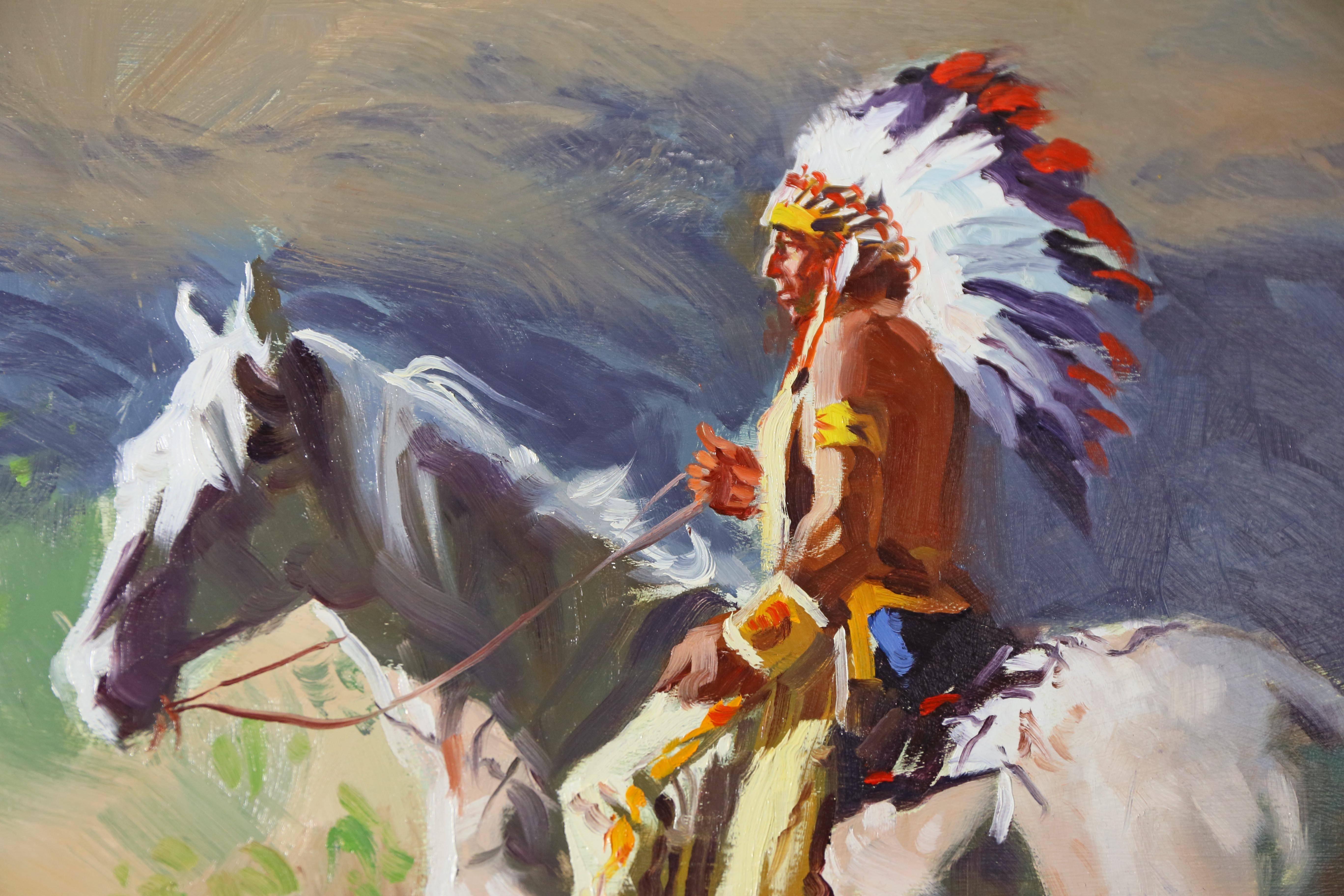 Oil on masonite, depicting a Native American chief riding a white horse, in a contemporary gilded frame. Painted panel is 18"x24" and framed dimensions are given below. 

Glen Edwards is an award winning contemporary painter whose work