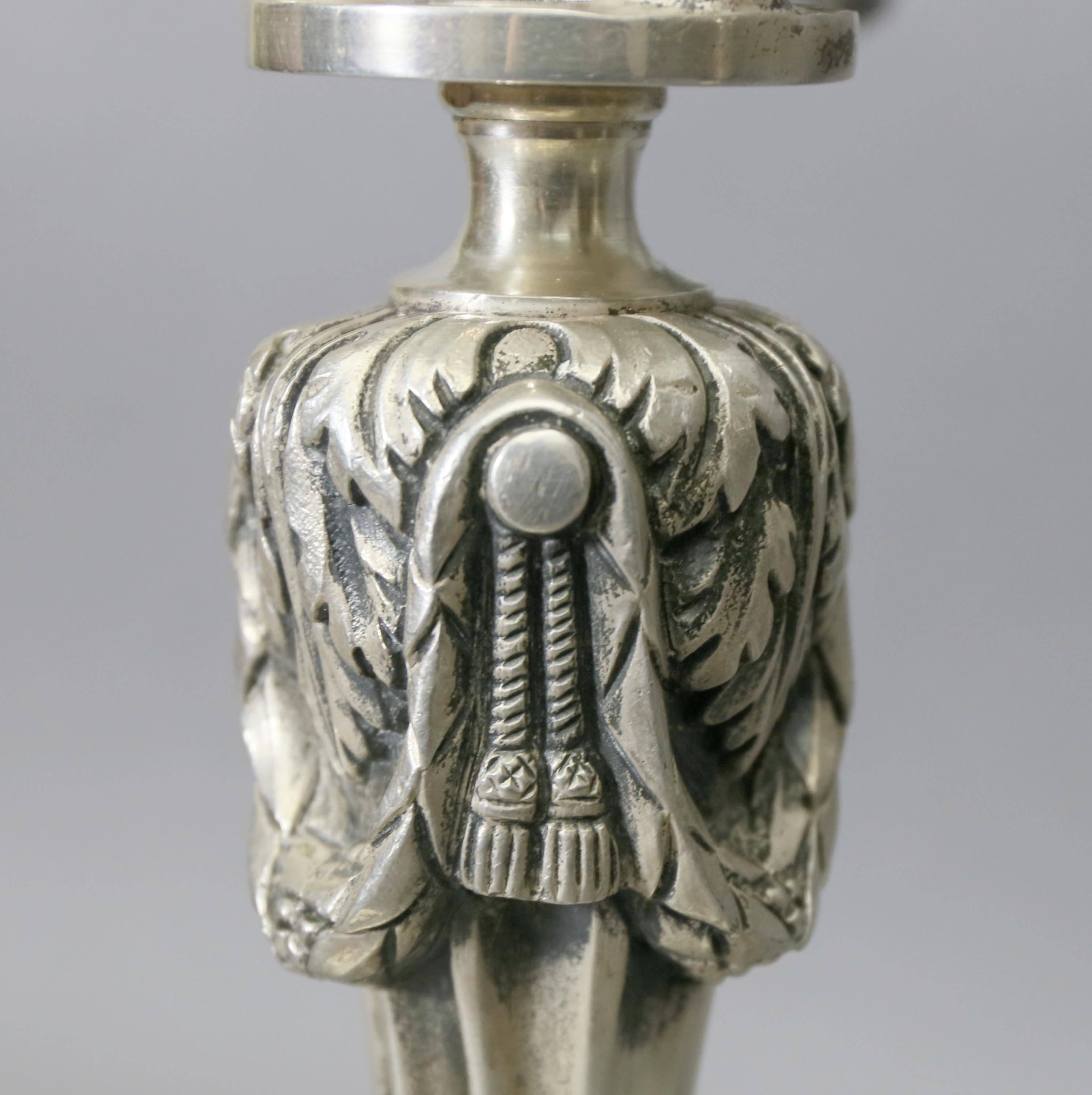 19th Century Pair of Louis XVI Style Silvered Bronze Candelabra