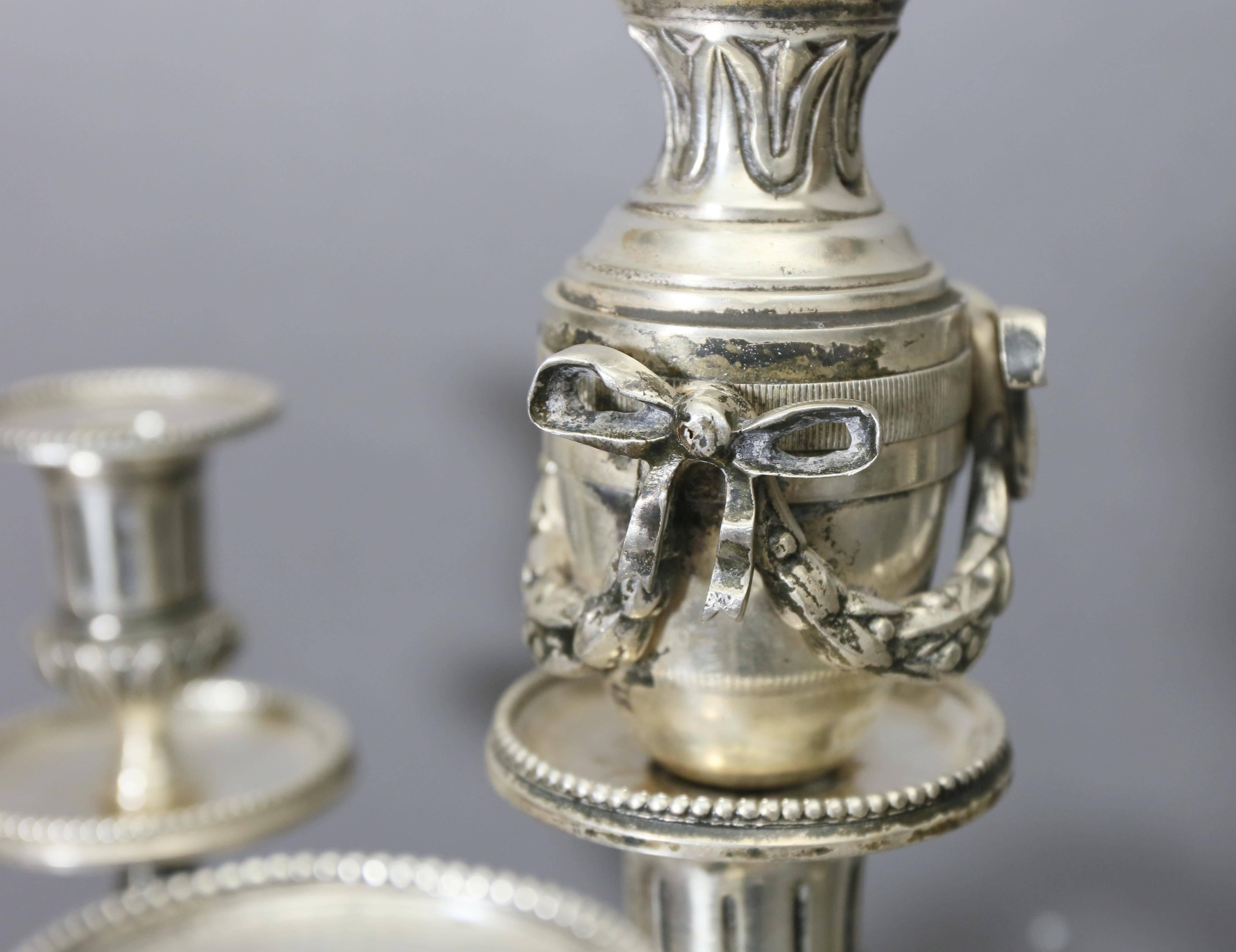 French Pair of Louis XVI Style Silvered Bronze Candelabra