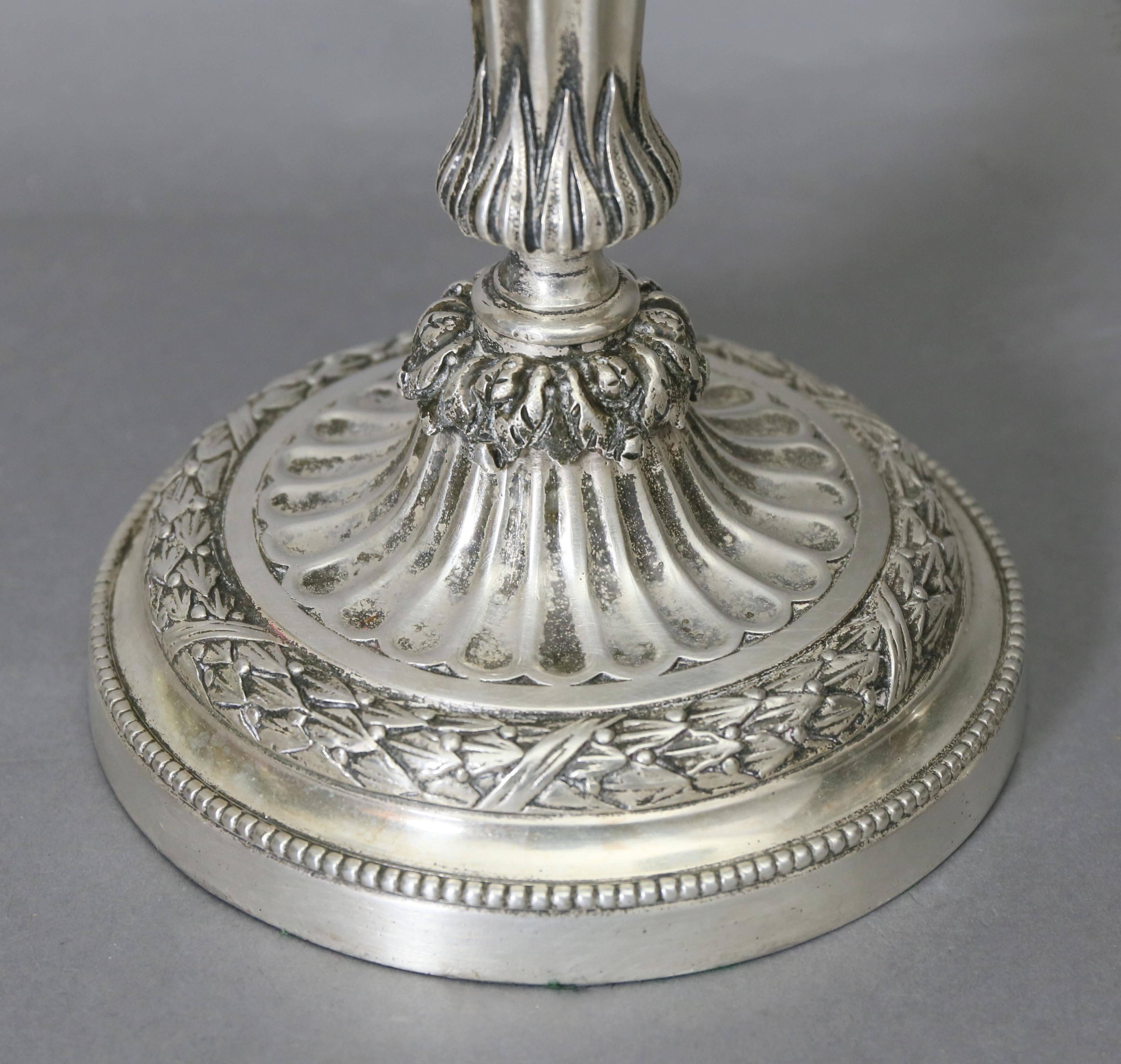 Pair of Louis XVI Style Silvered Bronze Candelabra 1