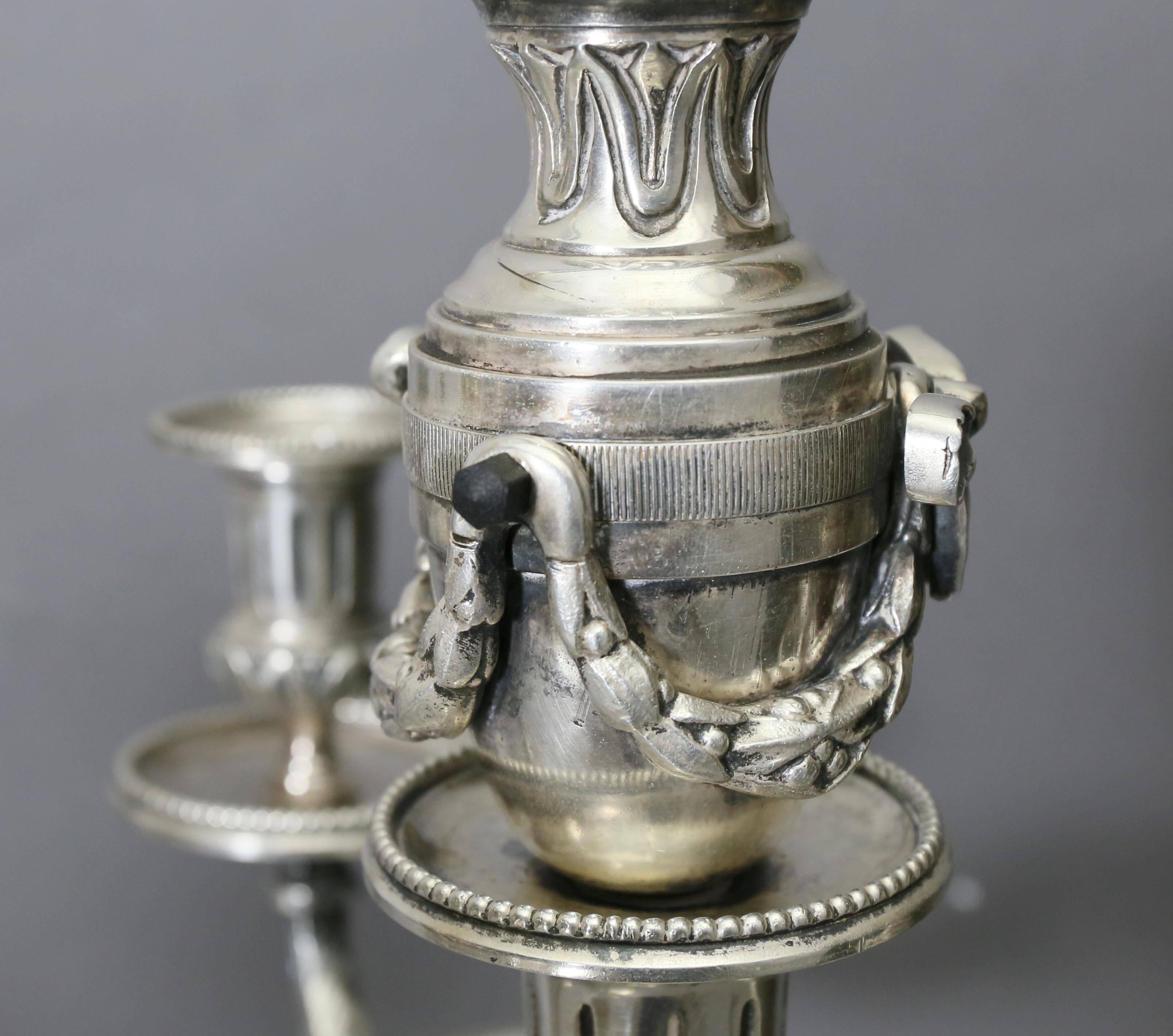 Pair of Louis XVI Style Silvered Bronze Candelabra In Good Condition In Essex, MA