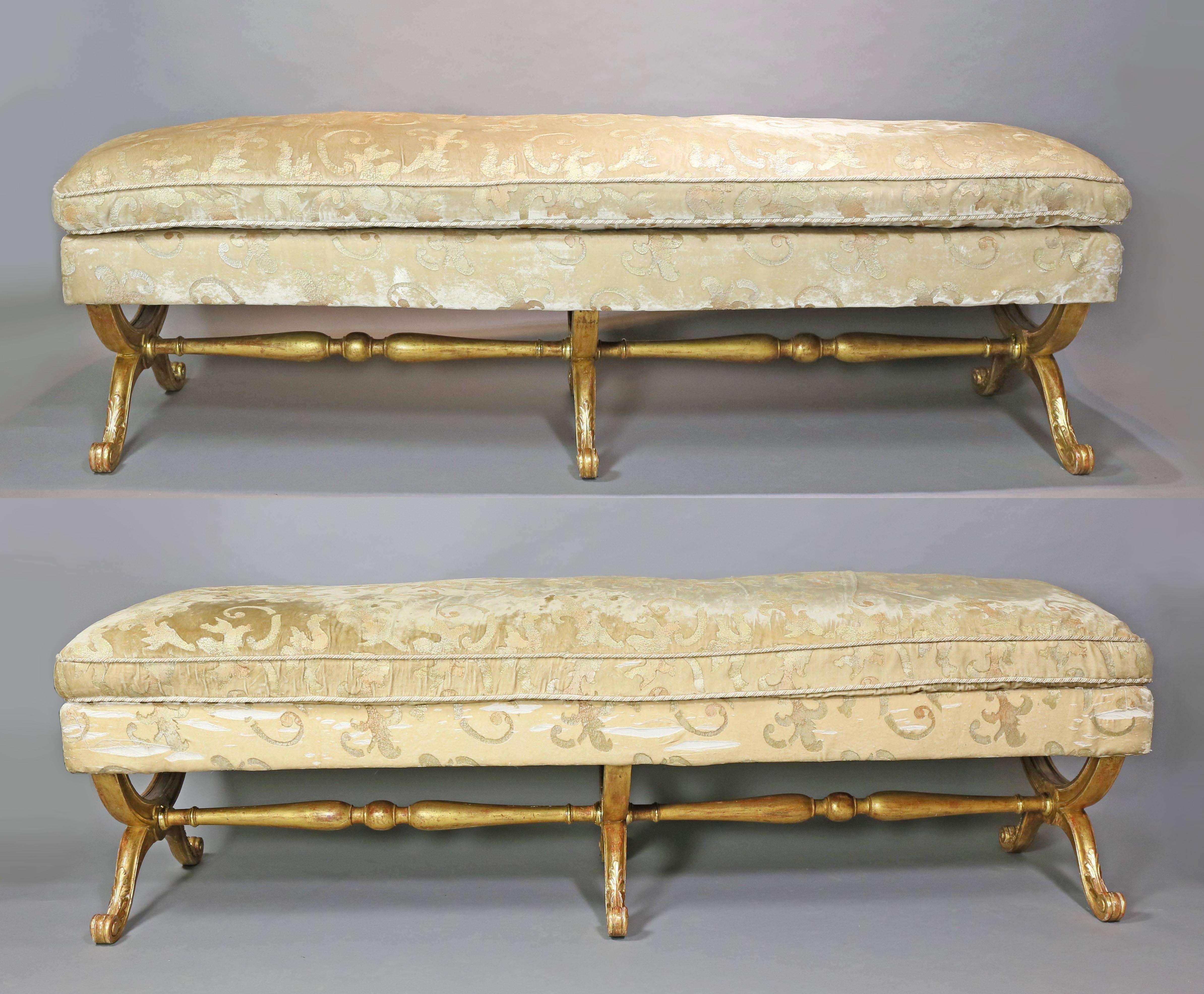 French Pair of Louis XVI Style Giltwood Benches with Mirella Spinella Upholstery