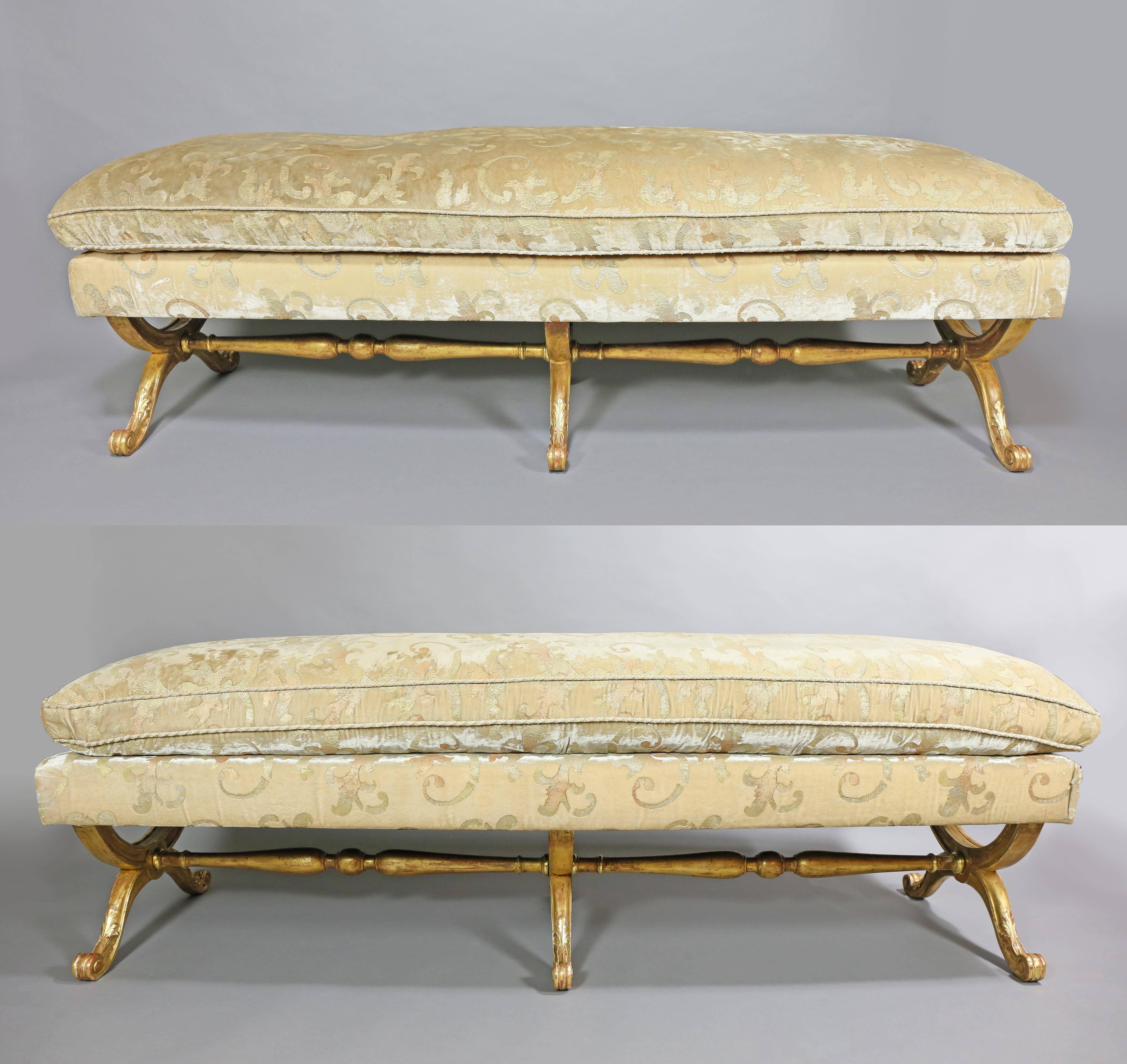Pair of Louis XVI Style Giltwood Benches with Mirella Spinella Upholstery 1