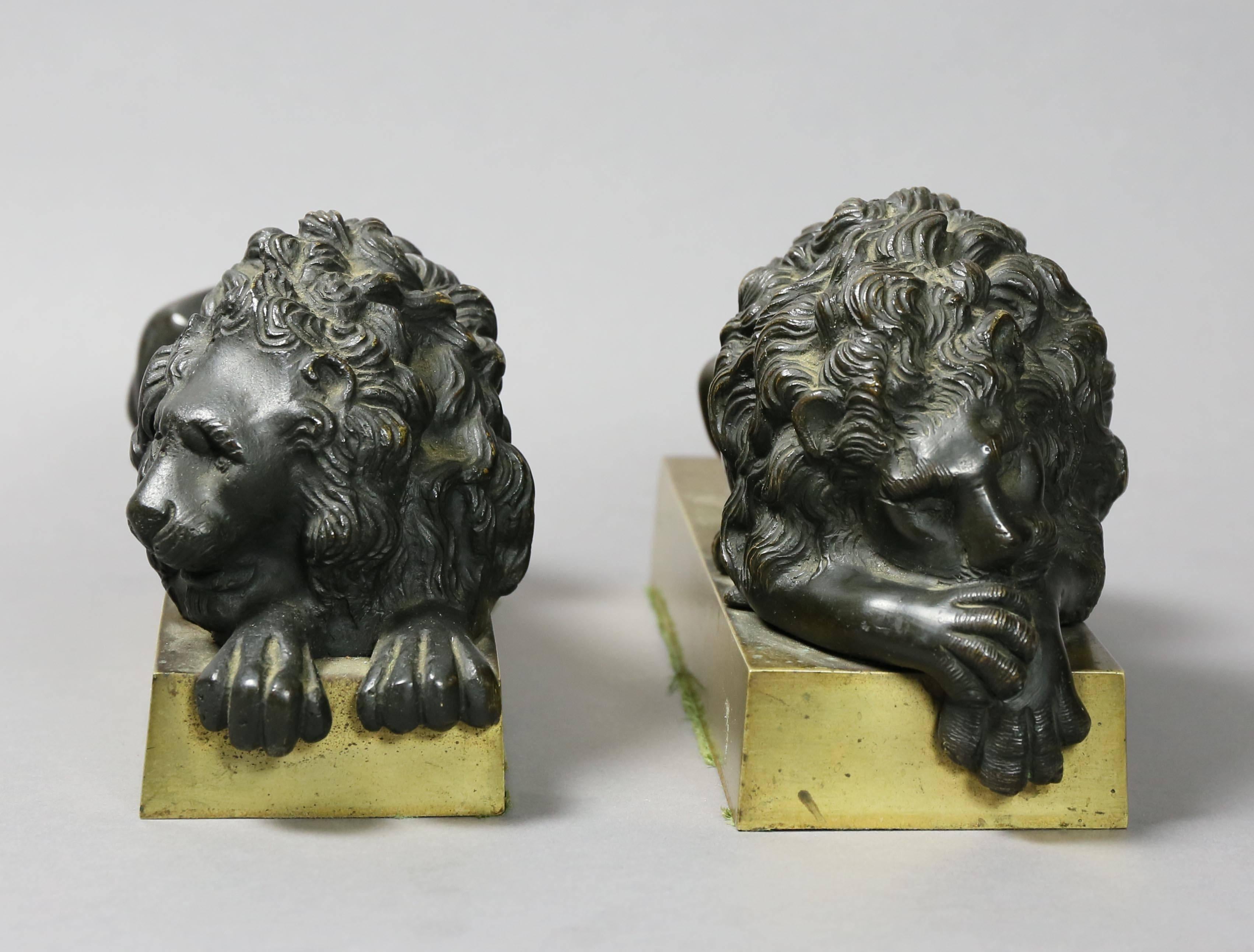 Pair of Italian Bronze Lions After Canova In Good Condition In Essex, MA