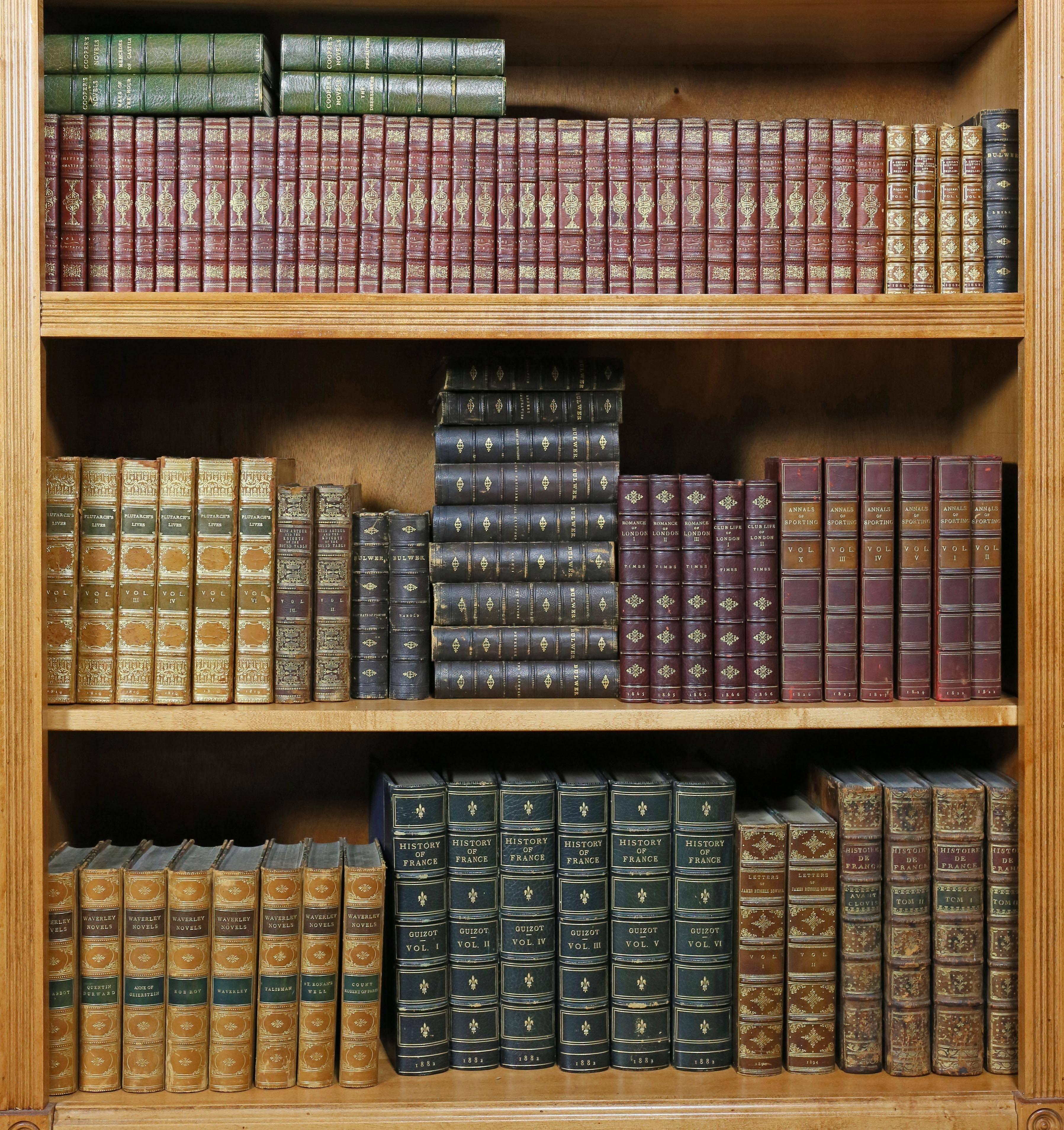 Including works by Byron, Shakespeare, history of France, history of highlands and clans, Bulwars works, Waverlys novels, Master Humphreys clock, History of France, Molieres works, Milton, Thackerey, Coopers, Secret Court Memoirs, Thackereys Works.