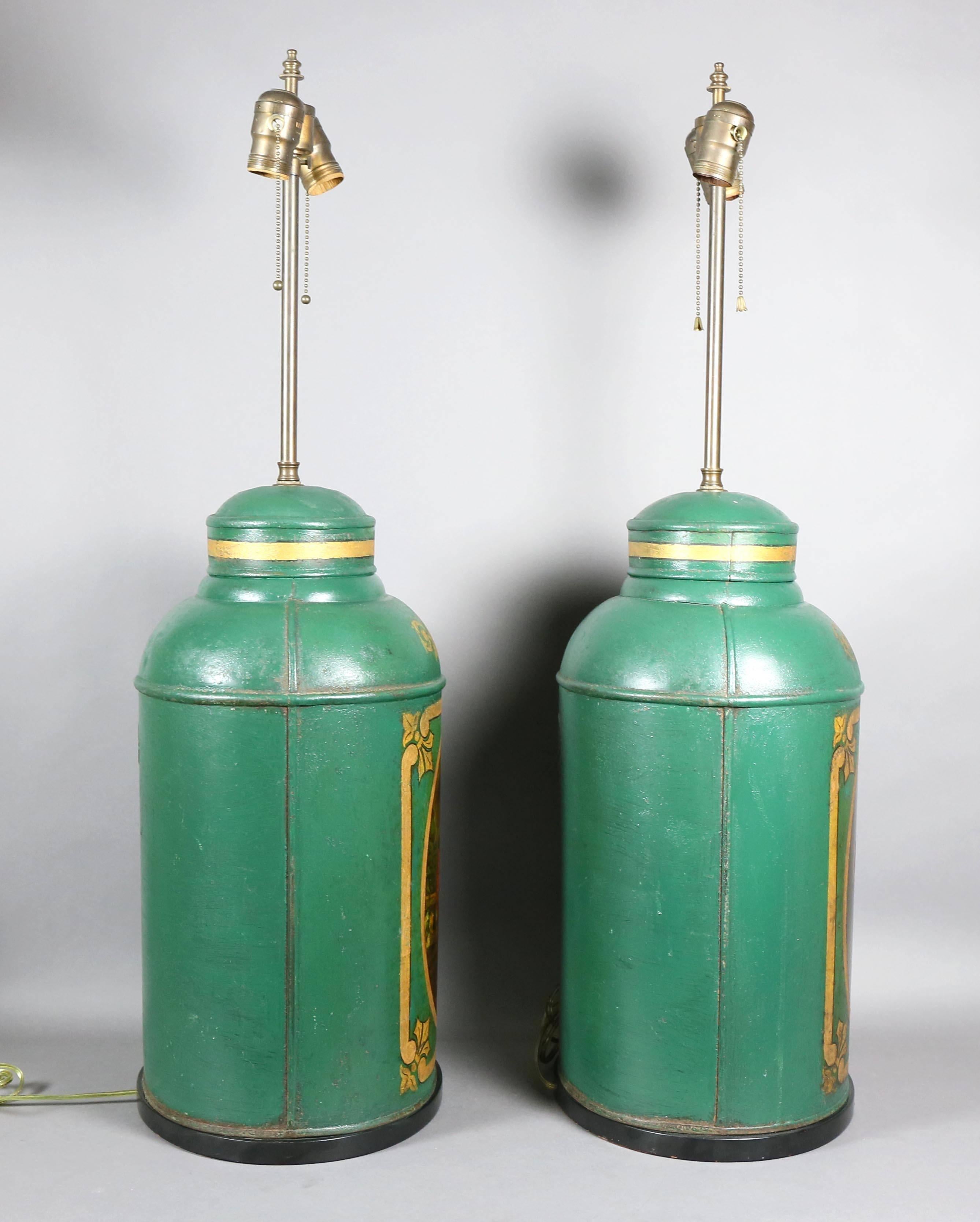 Green painted tea canisters from Parnall & Sons, Bristol, featuring scenes of Asian men and women performing daily routines.