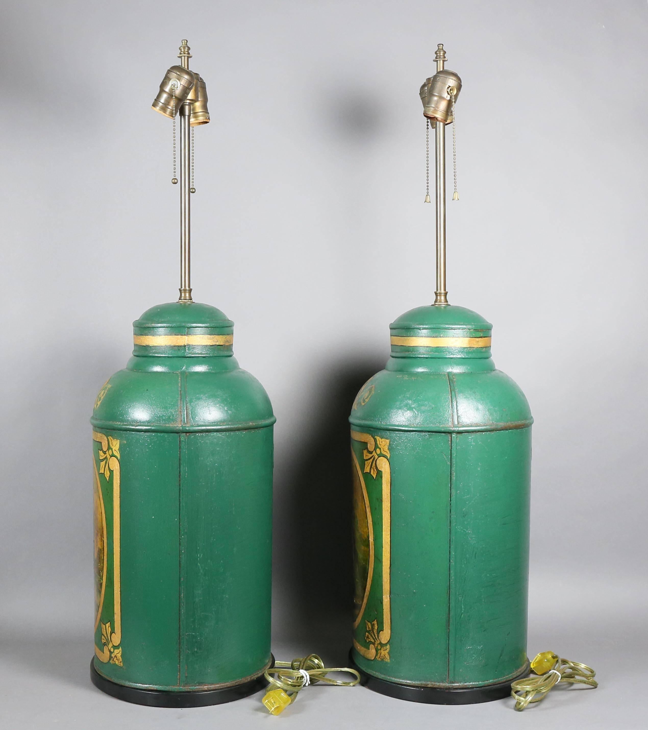 English Pair of Victorian Tole Tea Canister Table Lamps