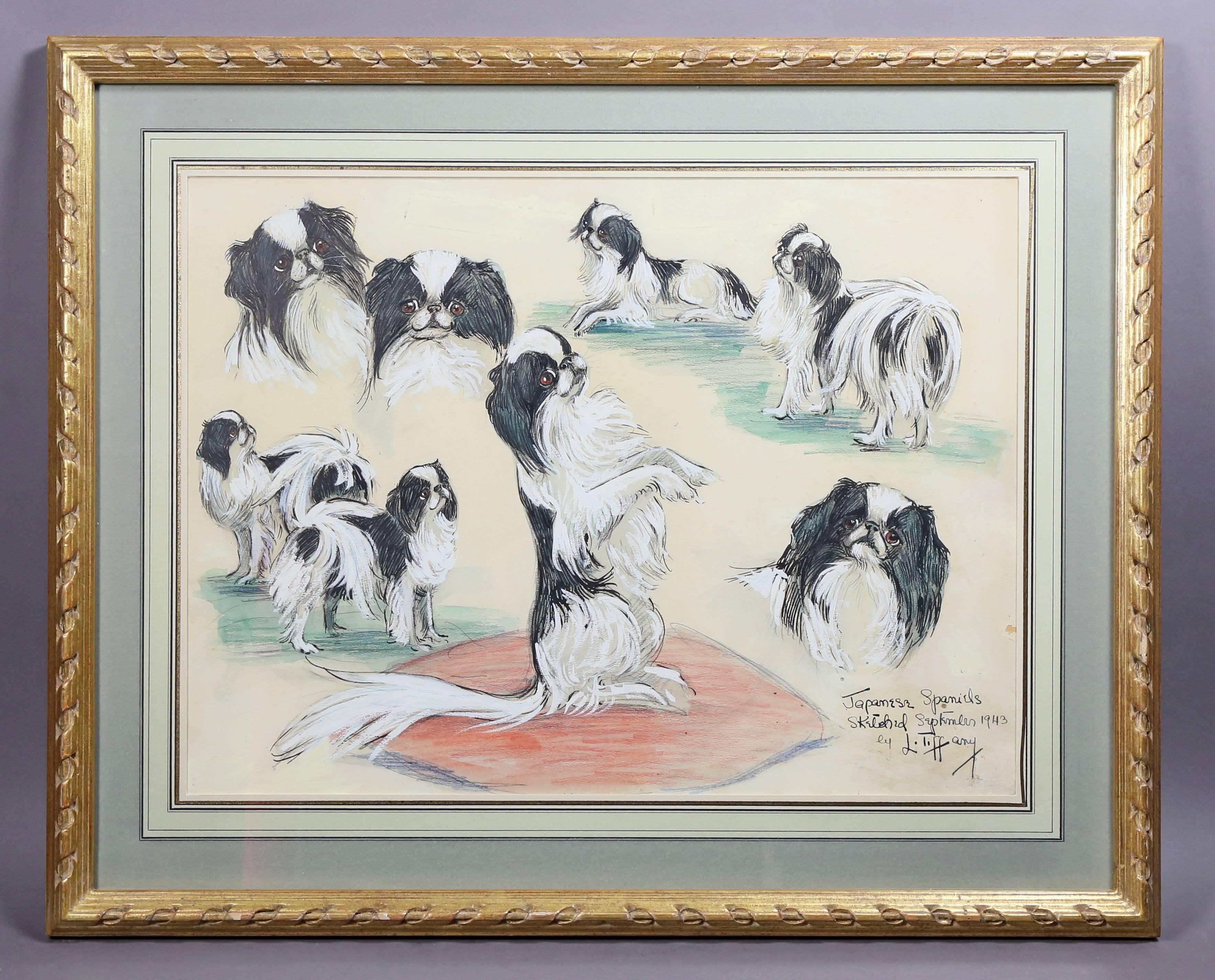 Three Framed Crayon and Pastel Pictures, Japanese Spaniels, Lillian Tiffany, Set 1