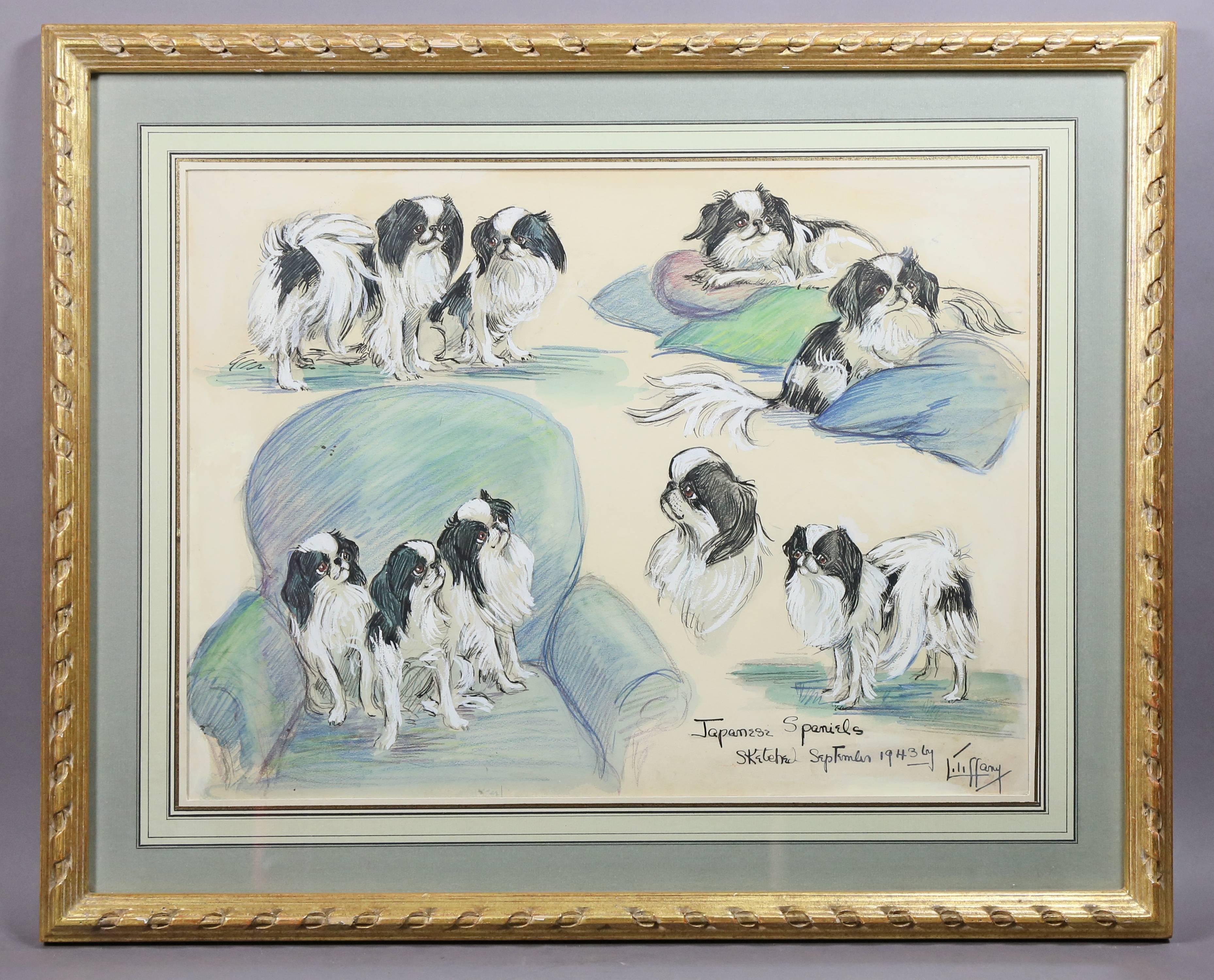 Three Framed Crayon and Pastel Pictures, Japanese Spaniels, Lillian Tiffany, Set 3