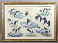 Three Framed Crayon and Pastel Pictures, Japanese Spaniels, Lillian Tiffany, Set