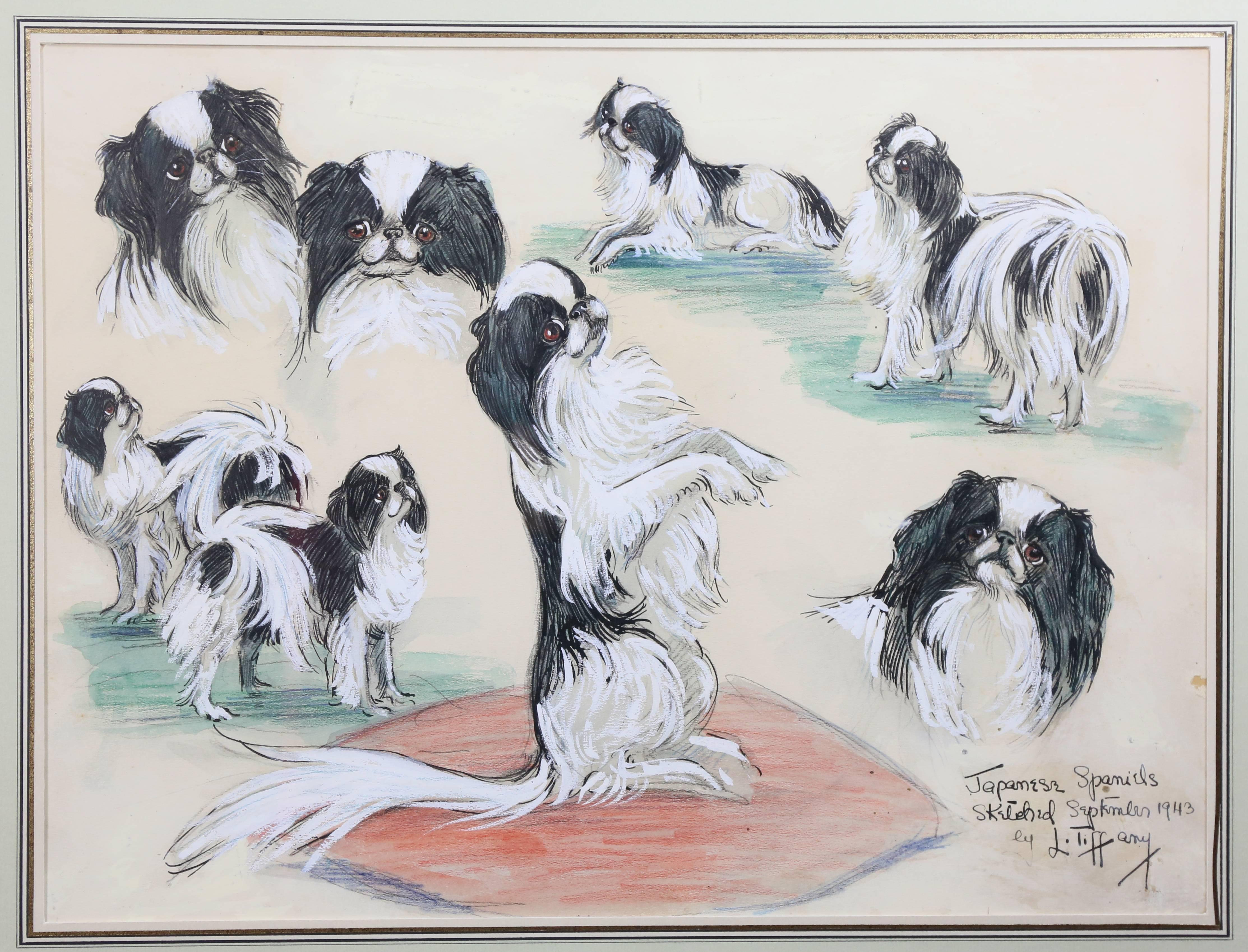 Three Framed Crayon and Pastel Pictures, Japanese Spaniels, Lillian Tiffany, Set 2