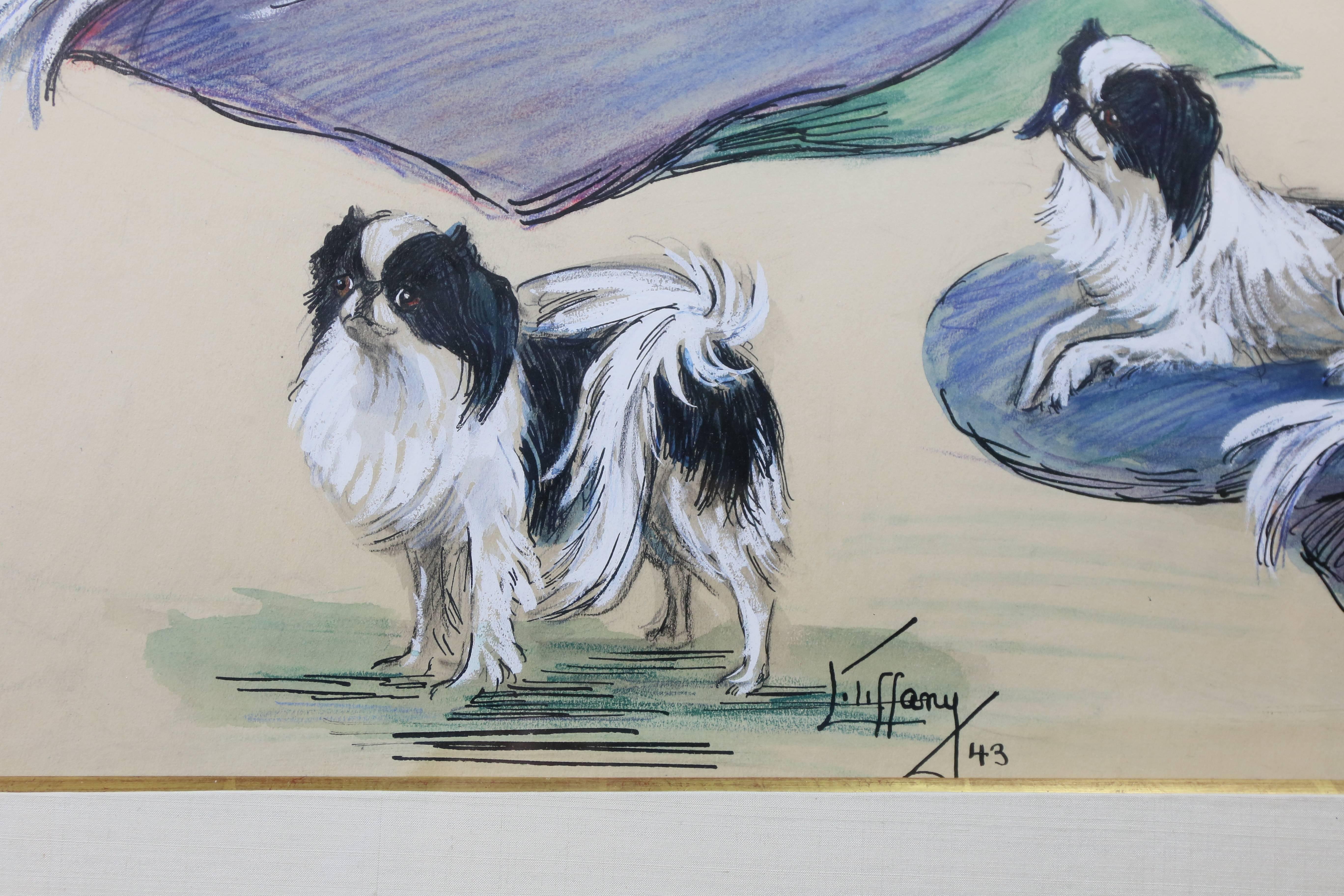 Three Framed Crayon and Pastel Pictures, Japanese Spaniels, Lillian Tiffany, Set In Good Condition In Essex, MA