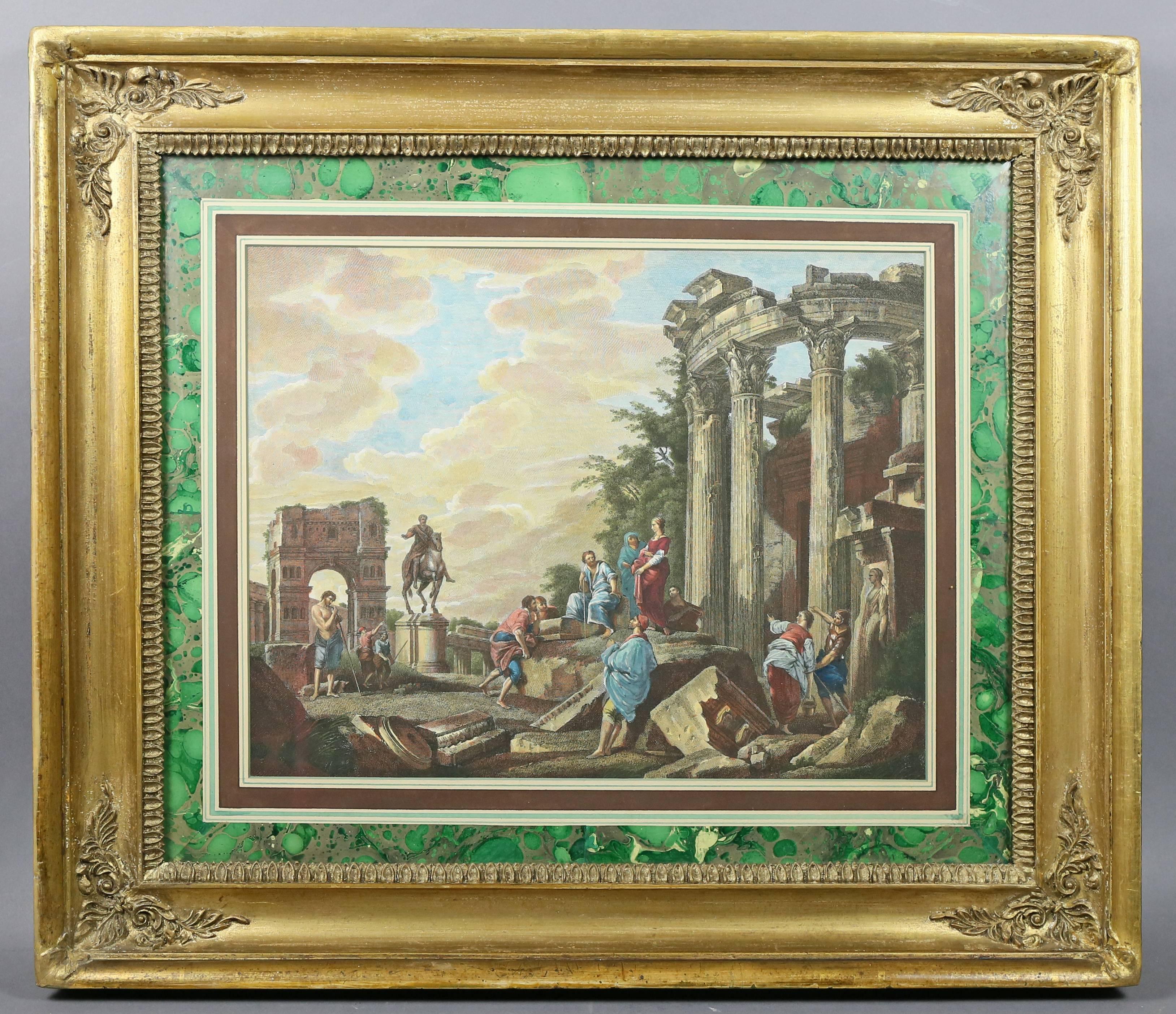 Classical scenes set in marbled matted and giltwood frames.