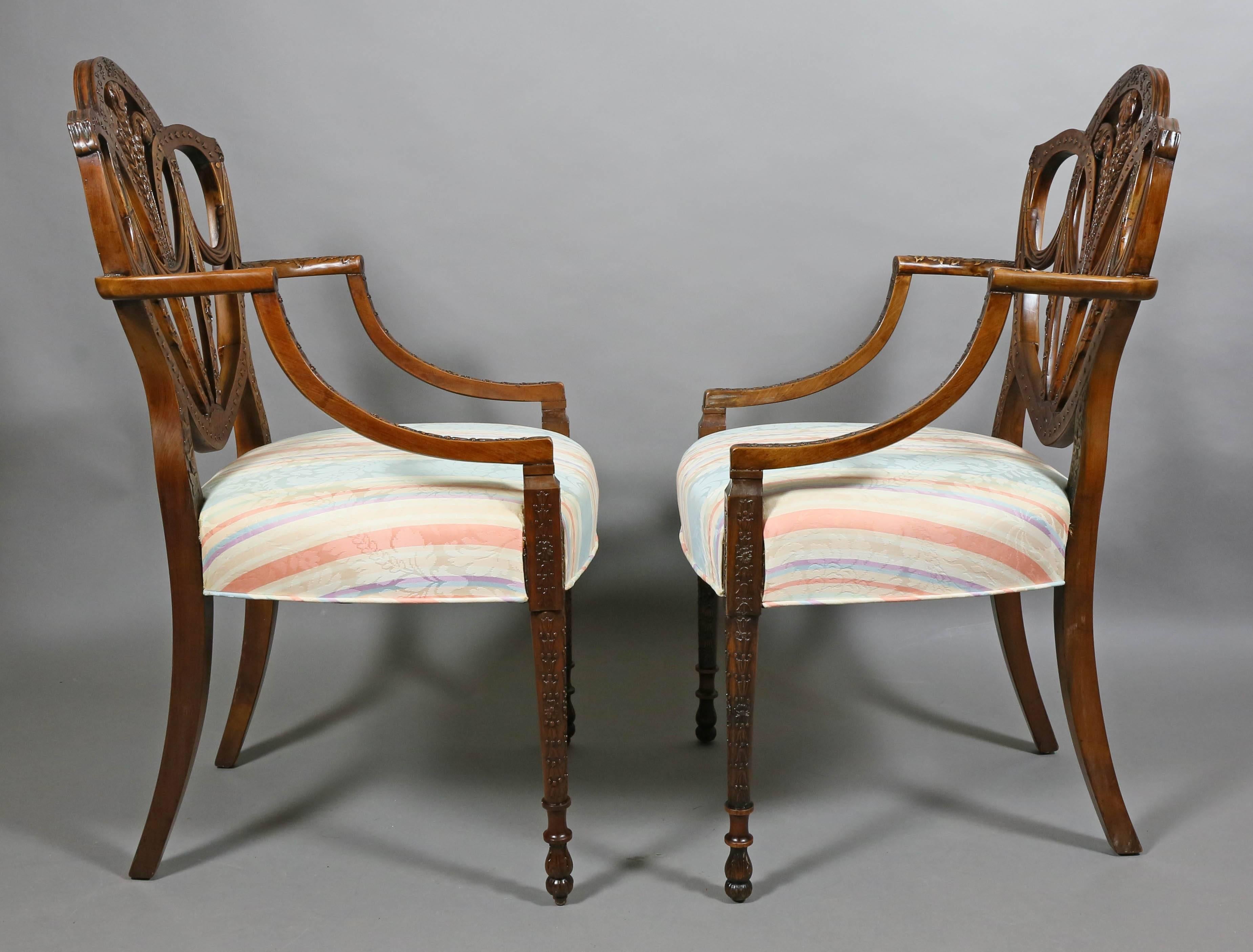 Adam Style Pair of Edwardian Finely Carved Mahogany Armchairs