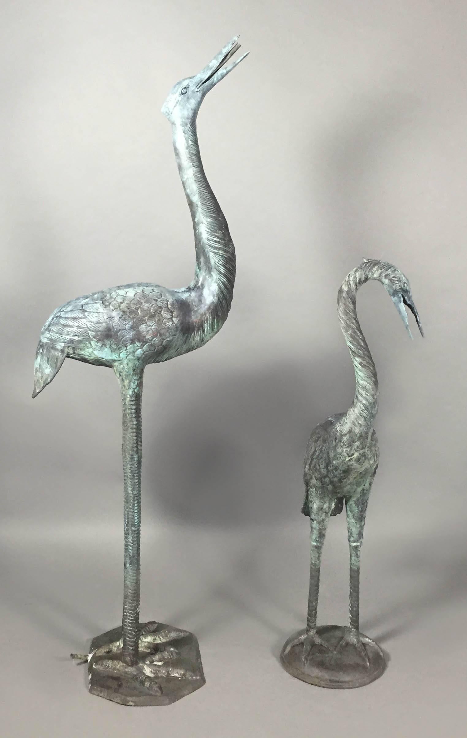 Pair of Japanese Style Bronze Cranes In Good Condition In Essex, MA