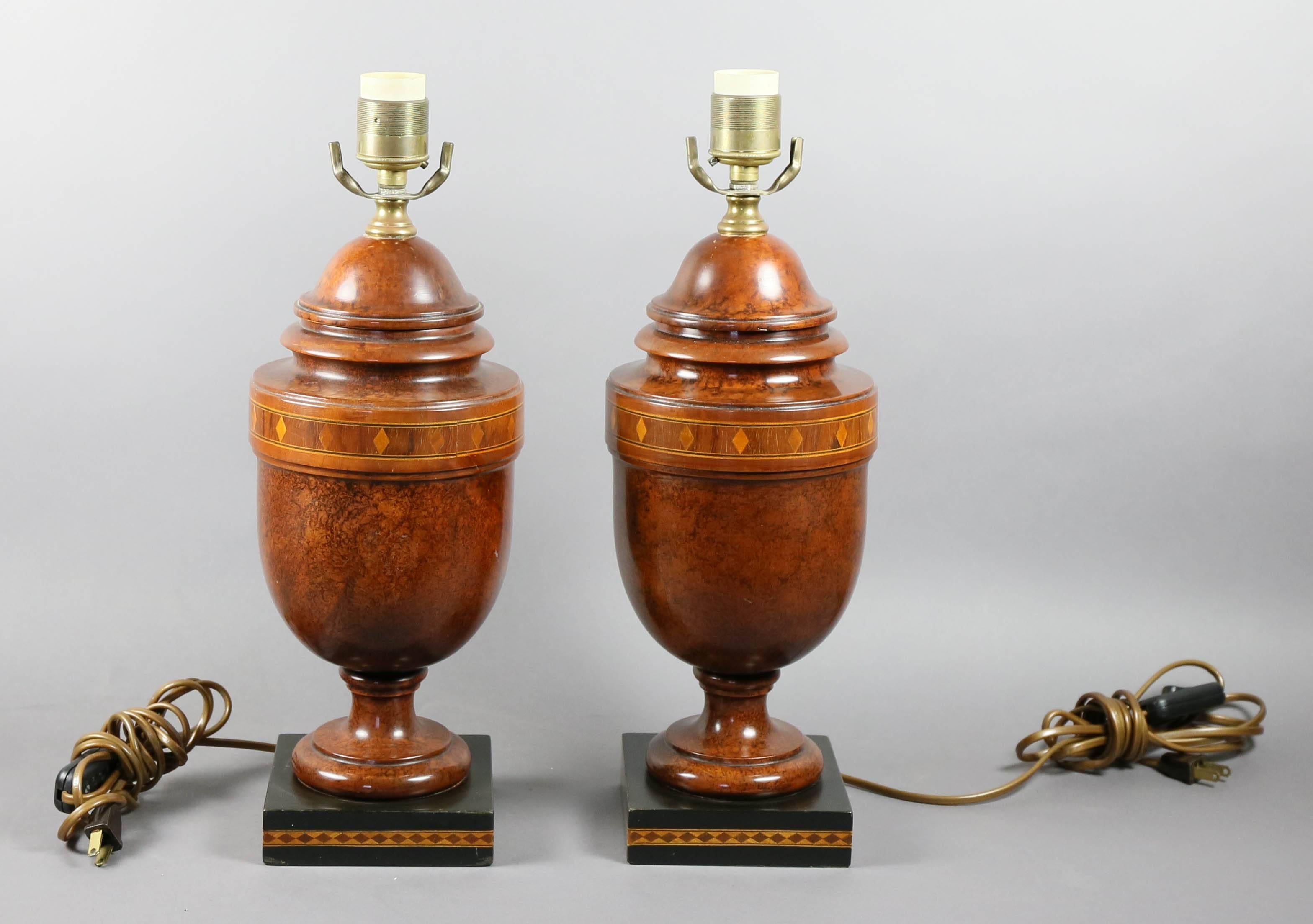 American Pair of Neoclassic Style Burl wood and Inlaid Table Lamps