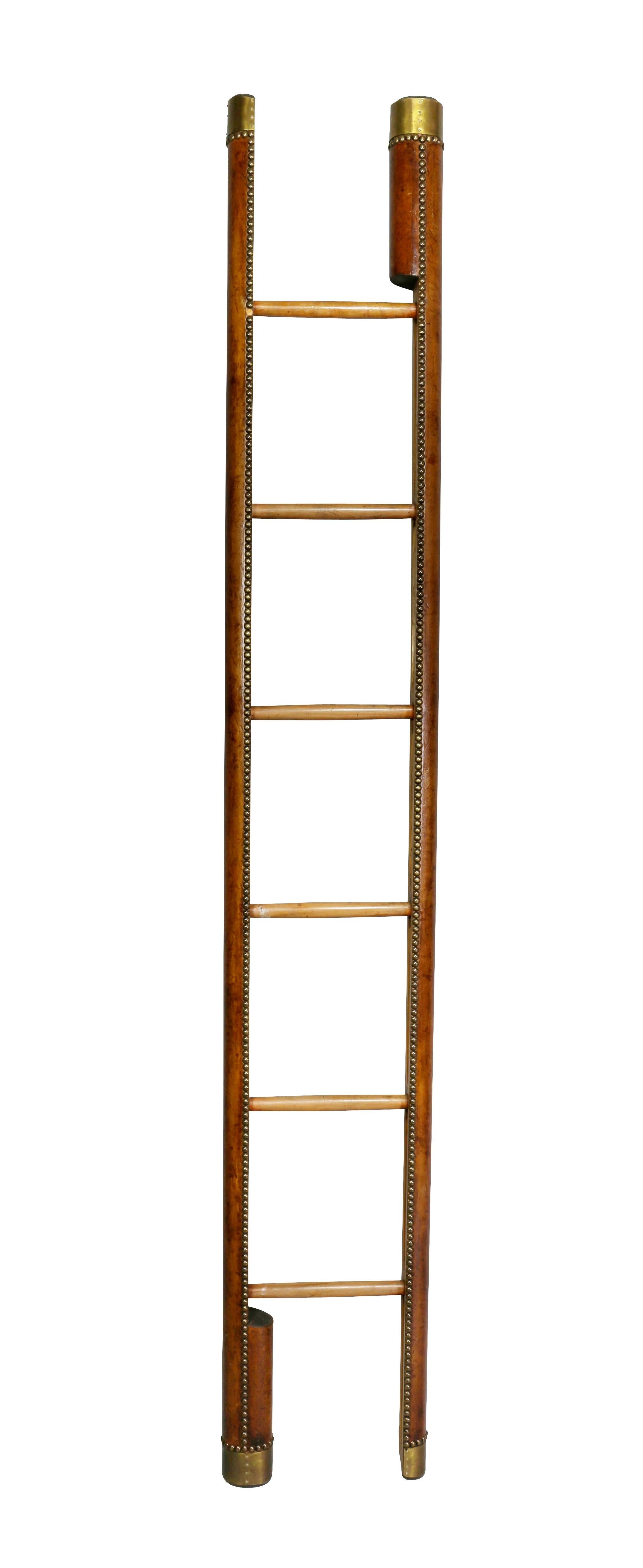 20th Century Edwardian Brown Leather and Brass Tack Library Stick Ladder