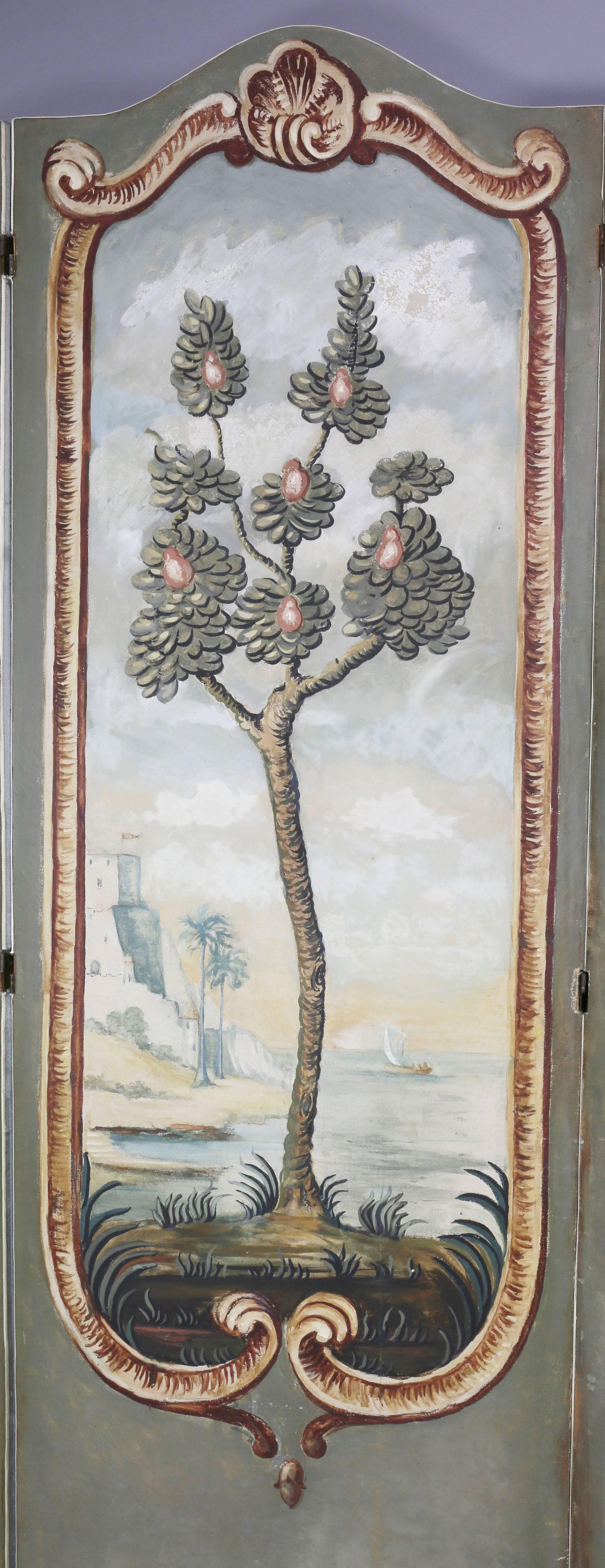 19th Century European Painted Canvas Four-Panel Screen