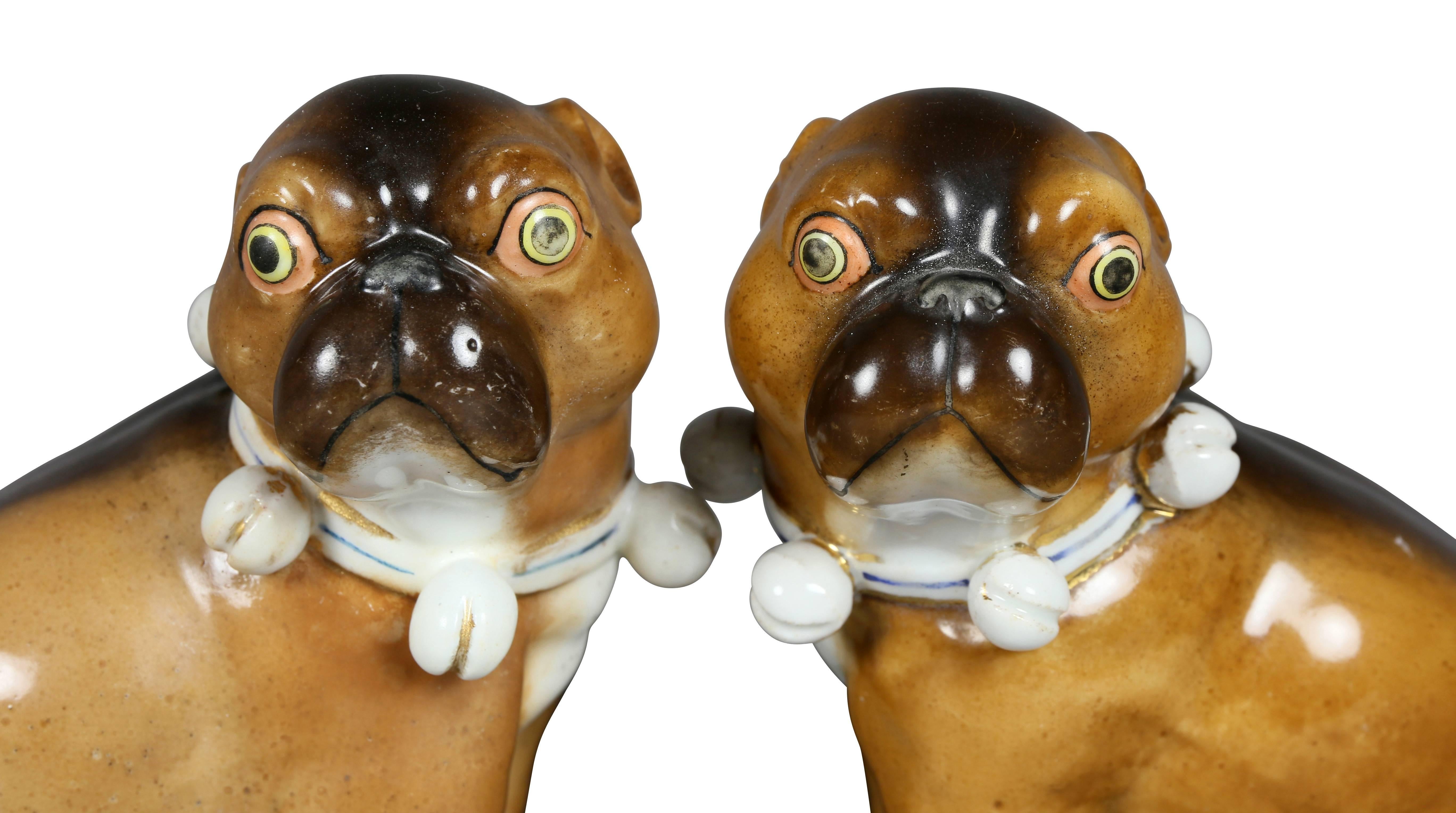 Pair of German Porcelain Figures of Seated Pugs In Good Condition For Sale In Essex, MA