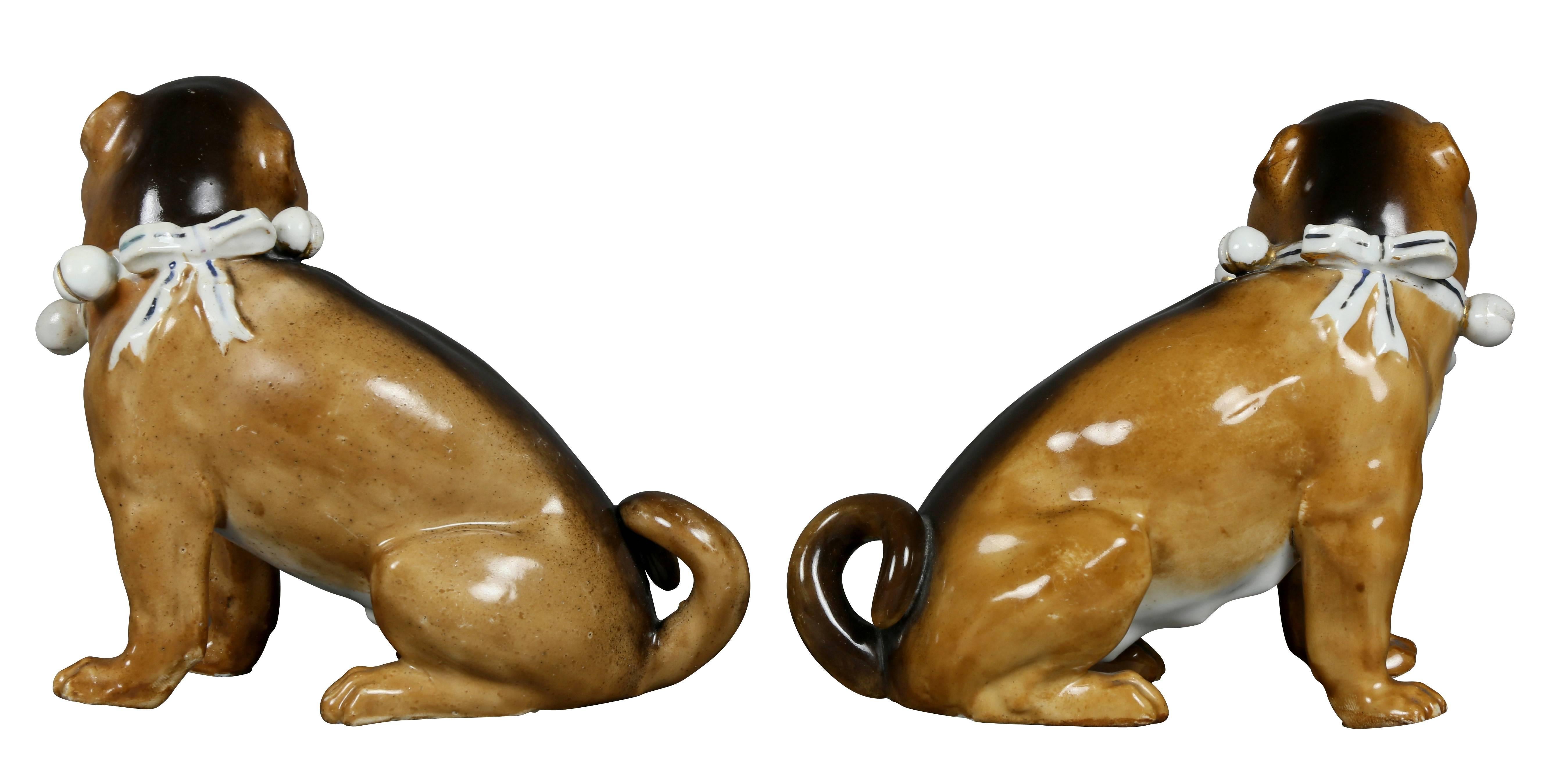 Late 19th Century Pair of German Porcelain Figures of Seated Pugs For Sale