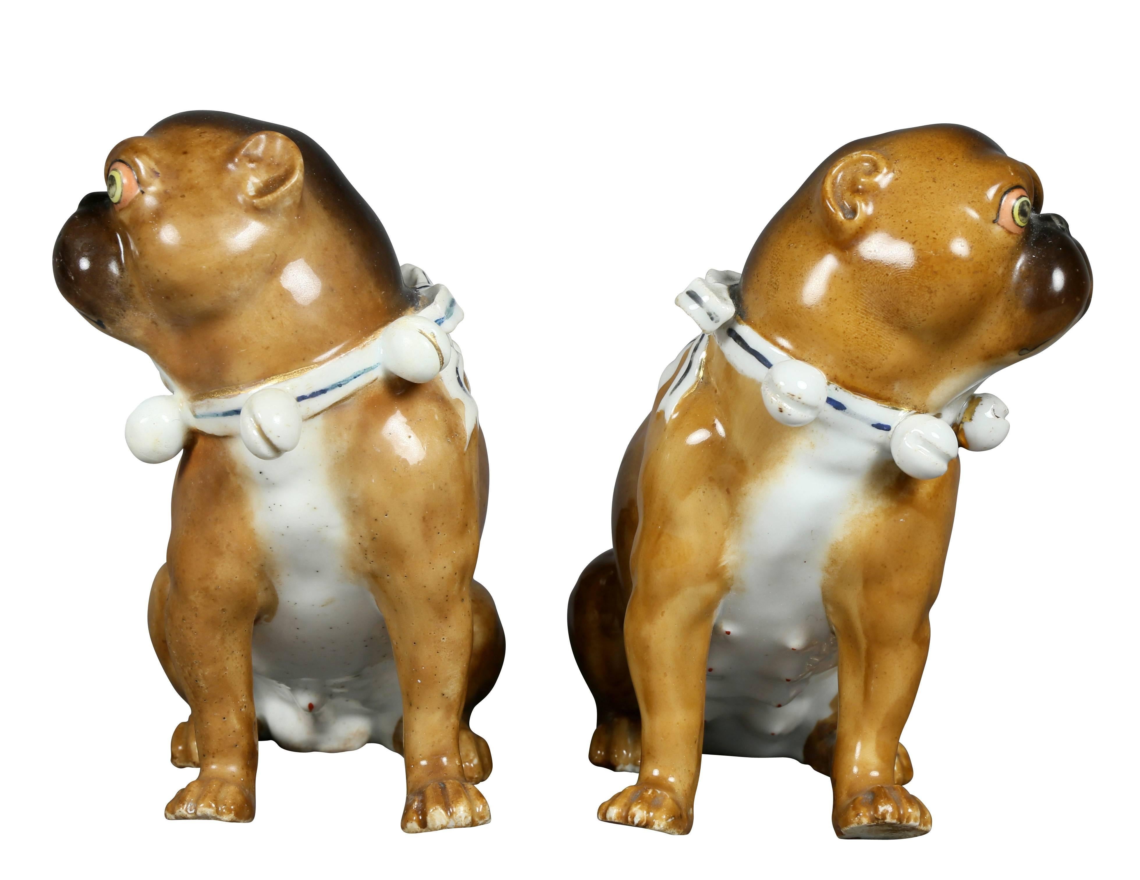 European Pair of German Porcelain Figures of Seated Pugs For Sale