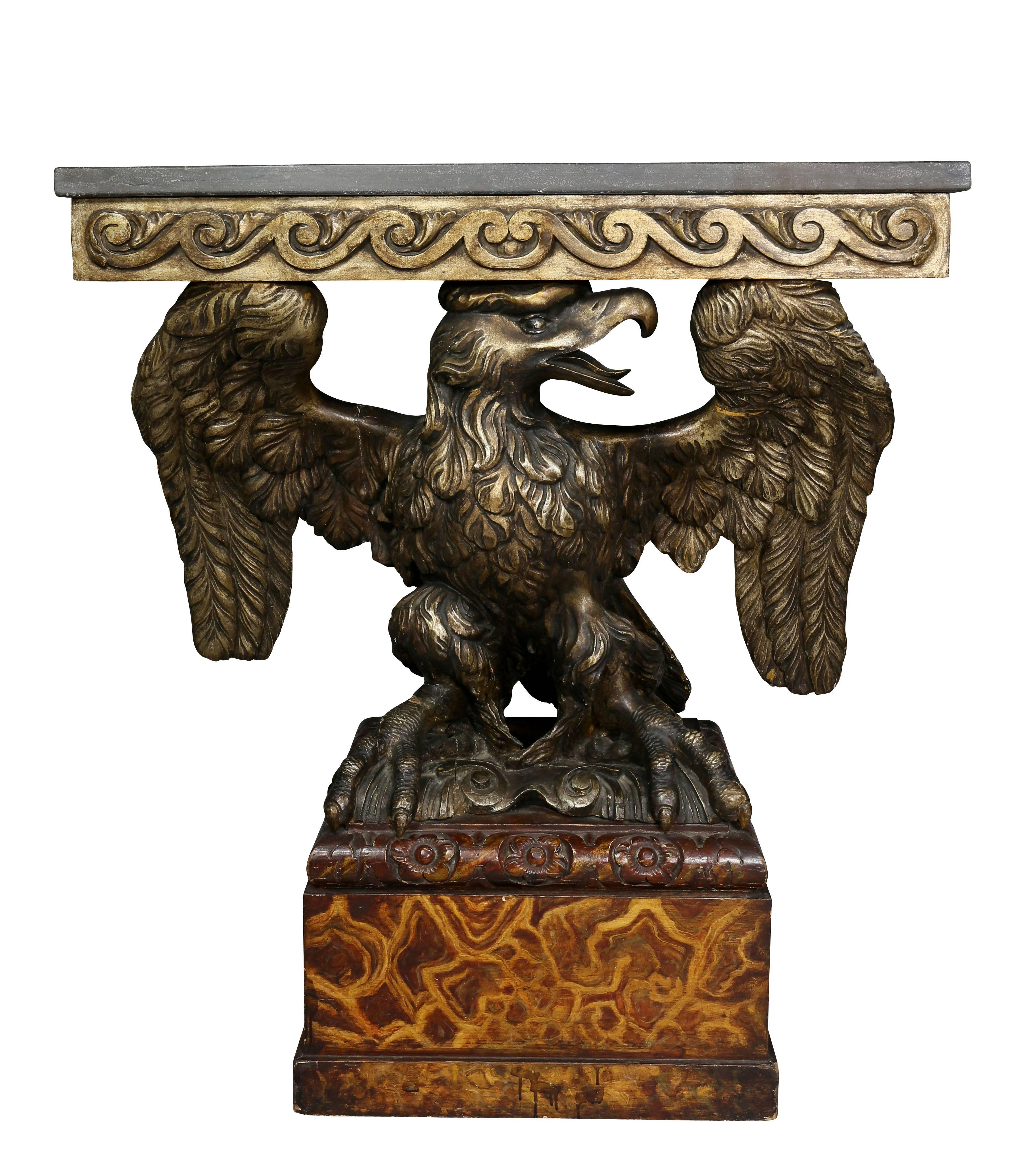Each with a grey rectangular marble top over a frieze carved with vitruvian scrolls, carved eagle supports sitting on faux agate bases. In the manner of William Kent. Provenance; Bernard Peyton, Princeton, New Jersey.