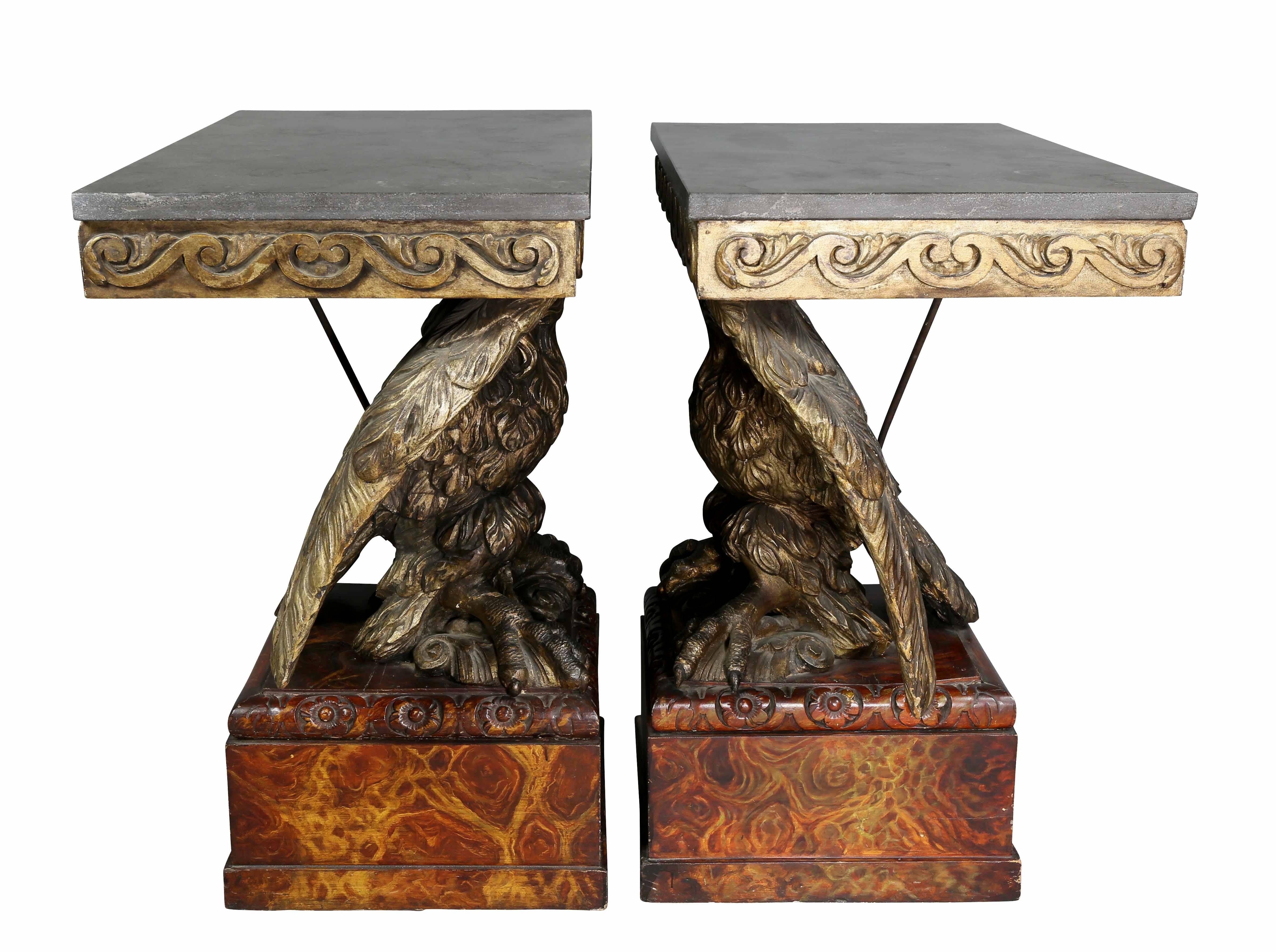Wood Pair of George II Style Giltwood and Grey Marble Eagle Console Tables For Sale