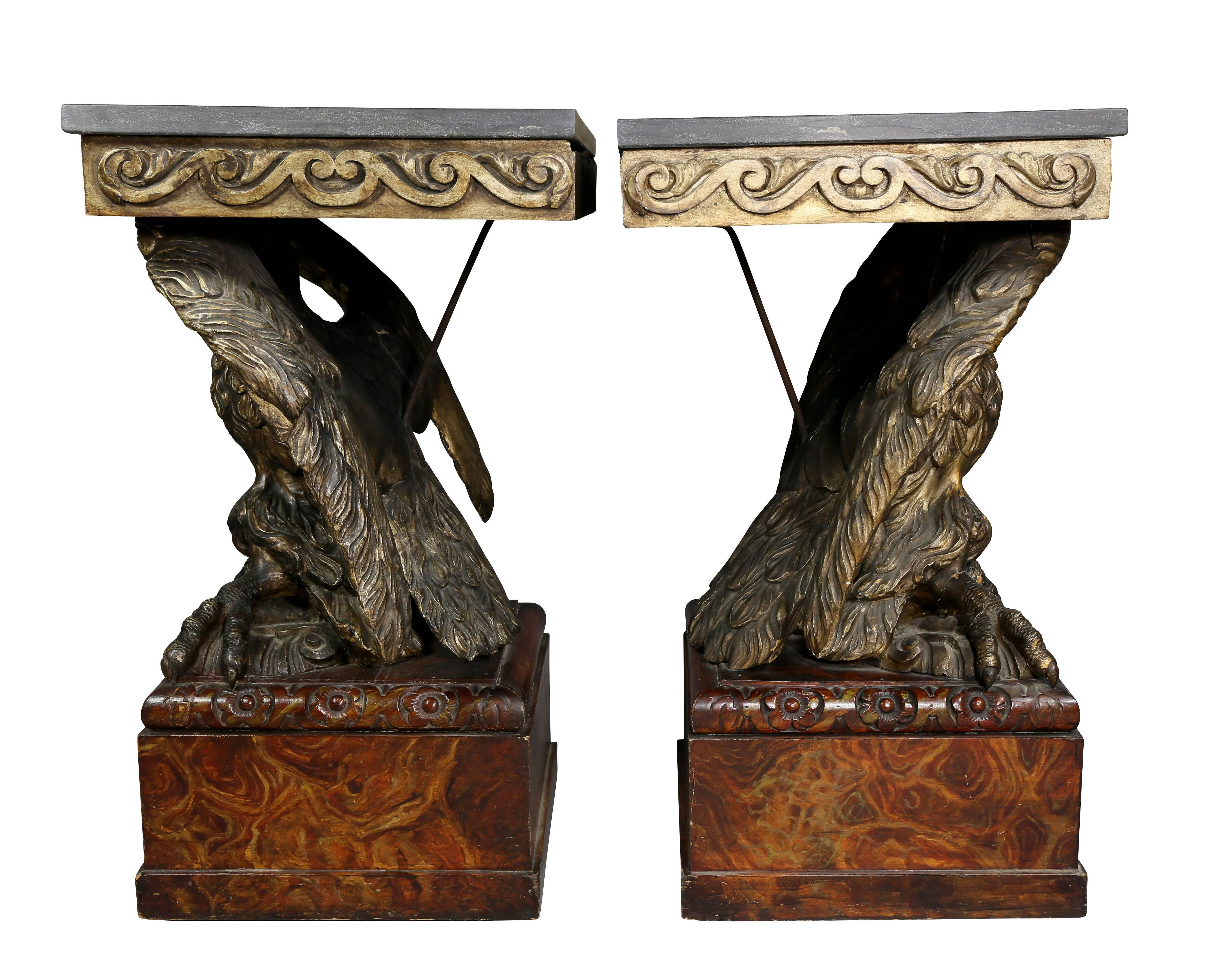 Pair of George II Style Giltwood and Grey Marble Eagle Console Tables For Sale 1