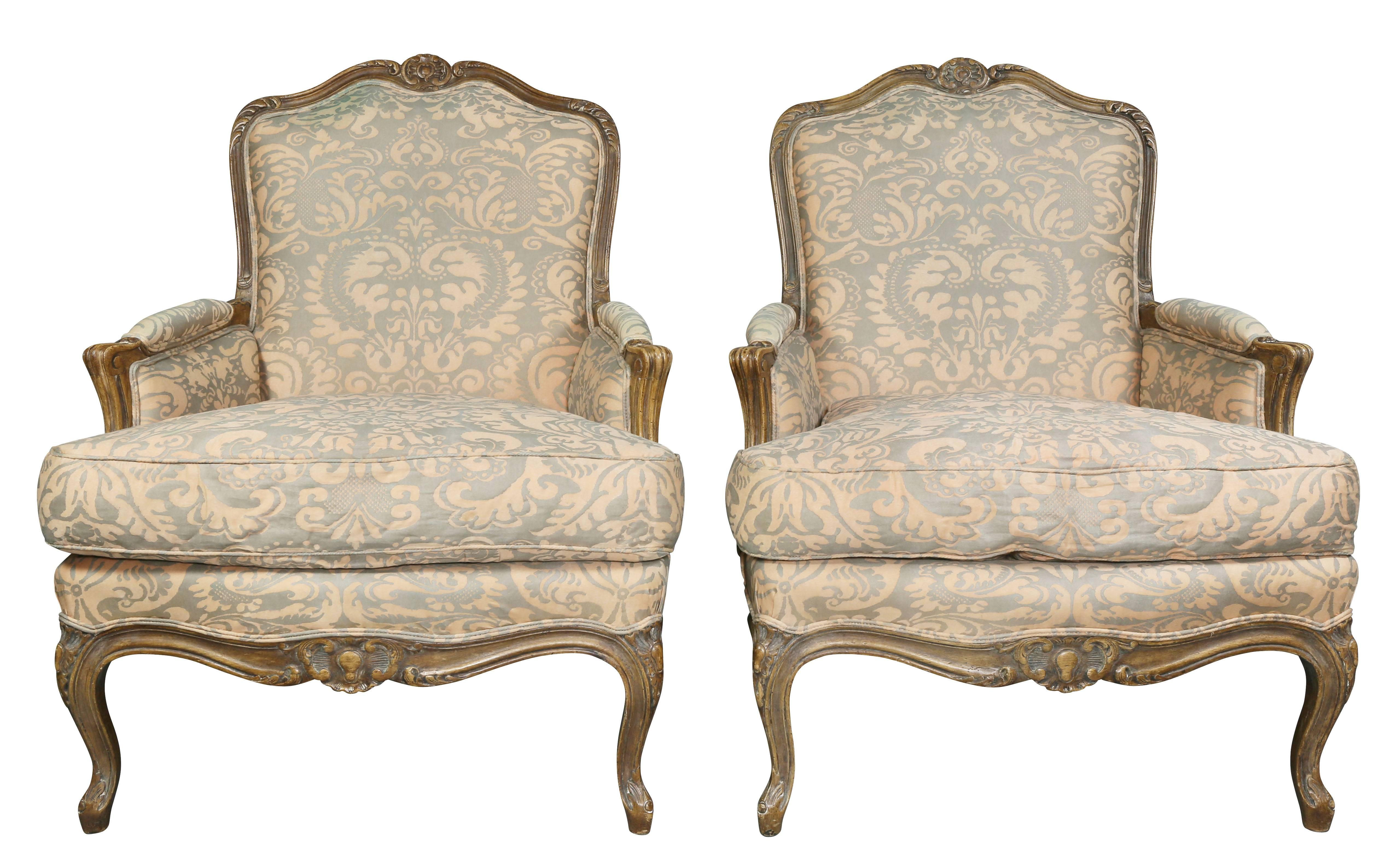 Pair of Louis XV Style Fortuny Upholstered Bergeres In Good Condition In Essex, MA