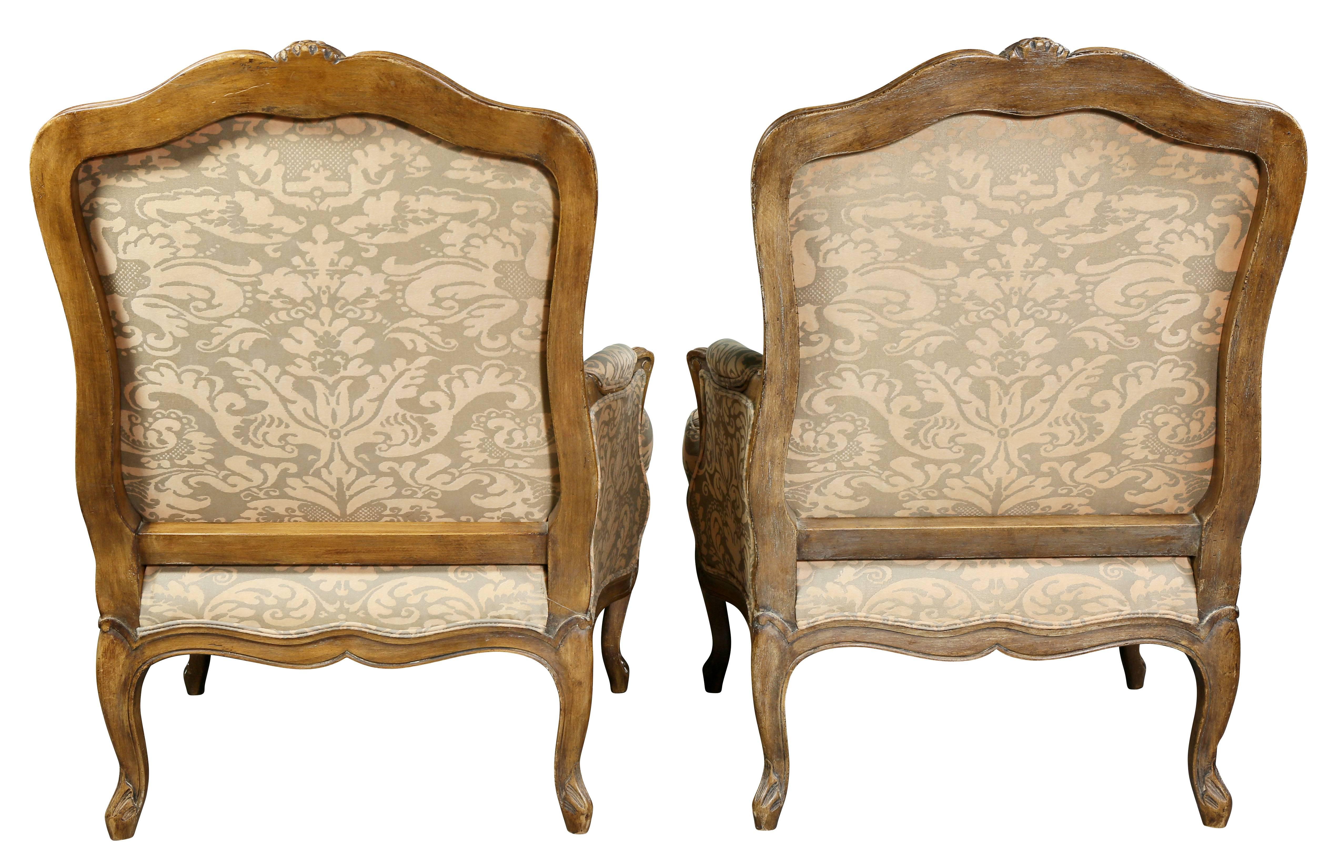 Pair of Louis XV Style Fortuny Upholstered Bergeres 5