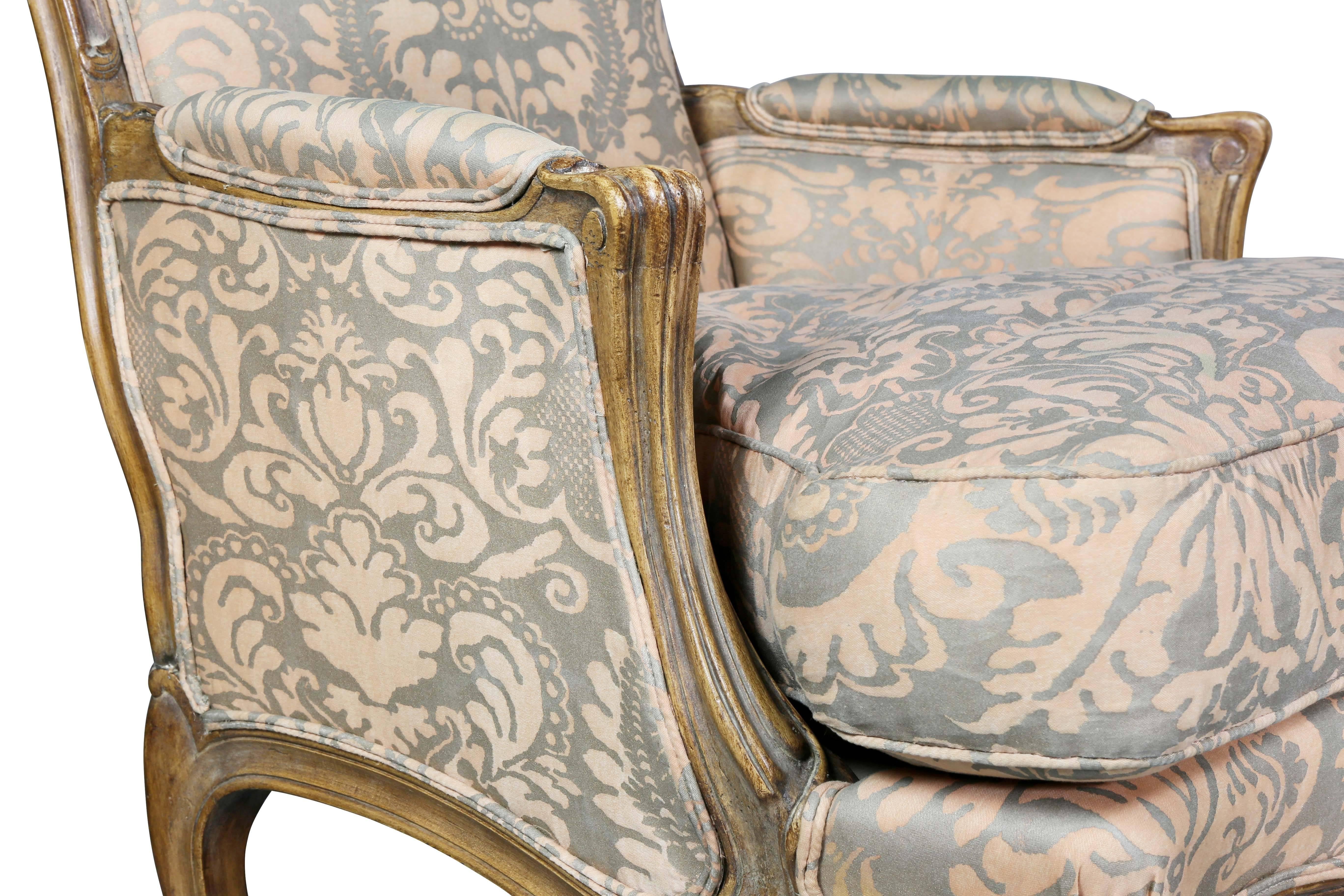 French Pair of Louis XV Style Fortuny Upholstered Bergeres