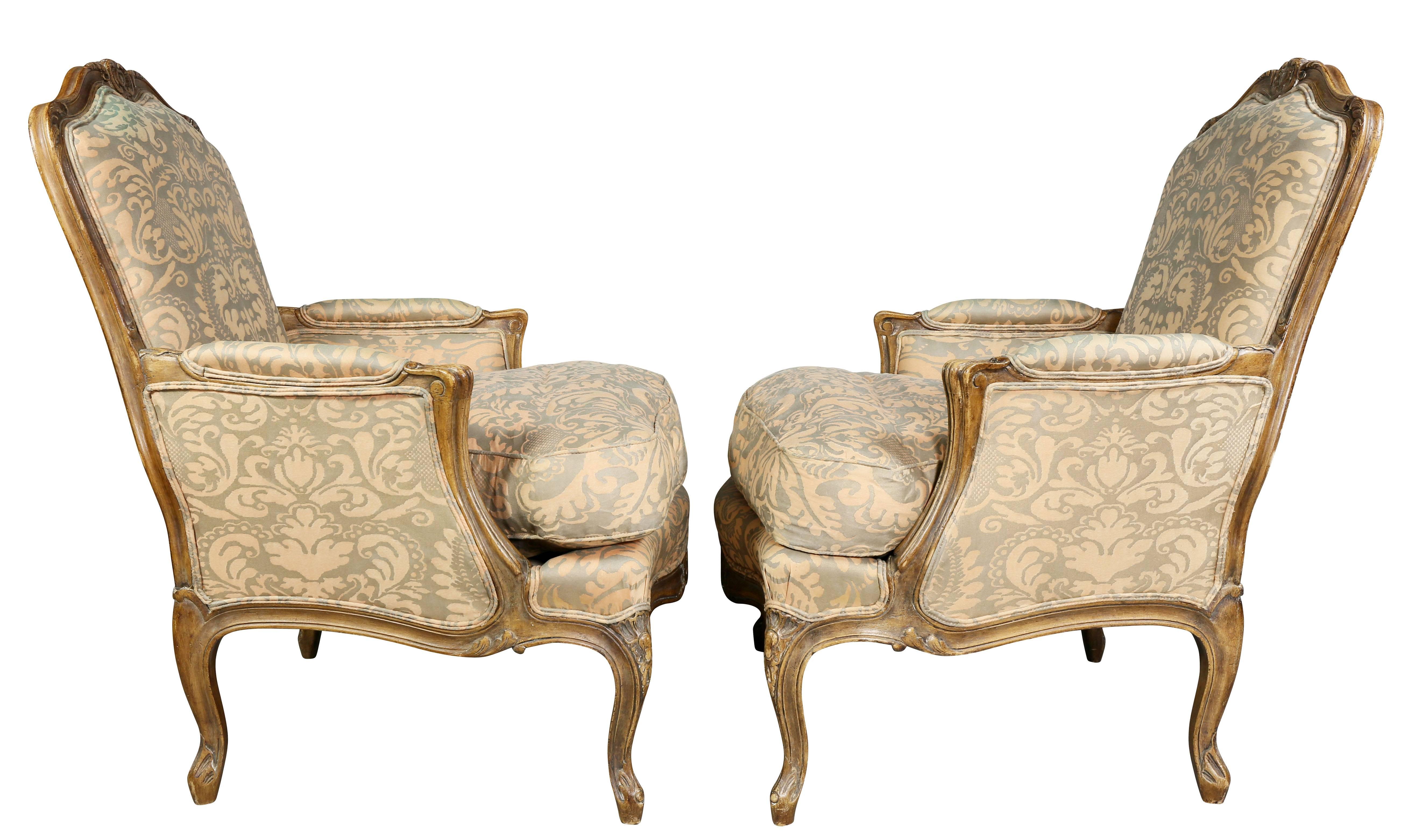 Pair of Louis XV Style Fortuny Upholstered Bergeres 3