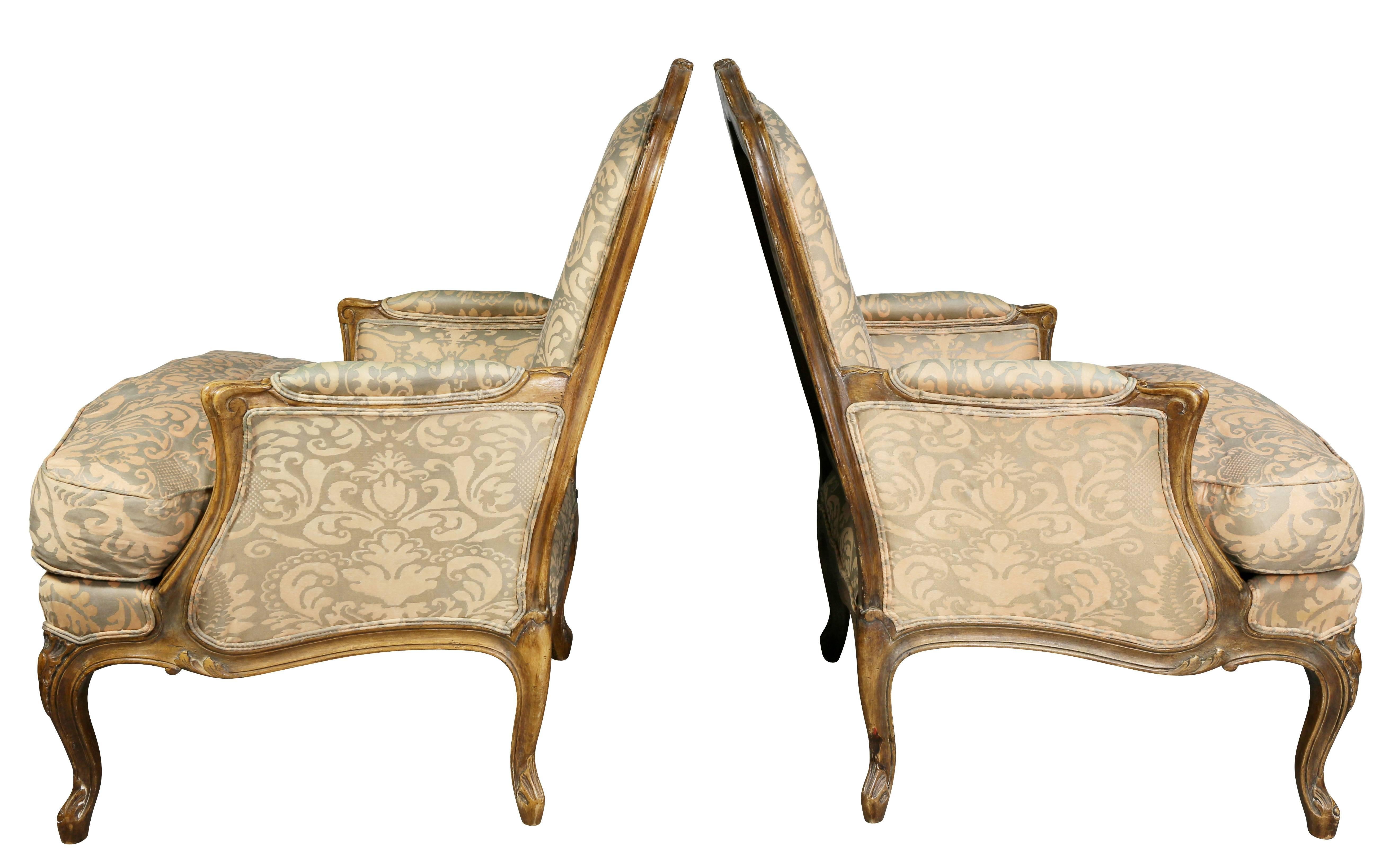Pair of Louis XV Style Fortuny Upholstered Bergeres 4