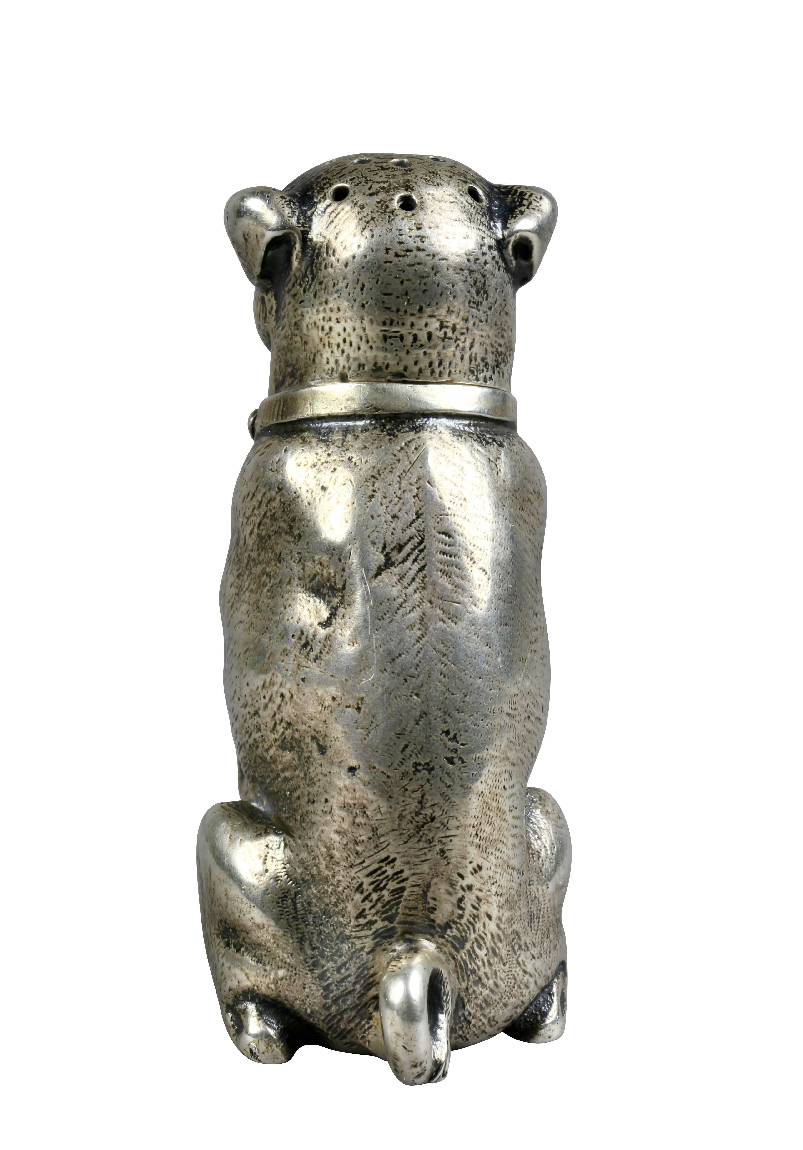 Late 19th Century Sterling Silver Figural Salt Shaker of a Pug