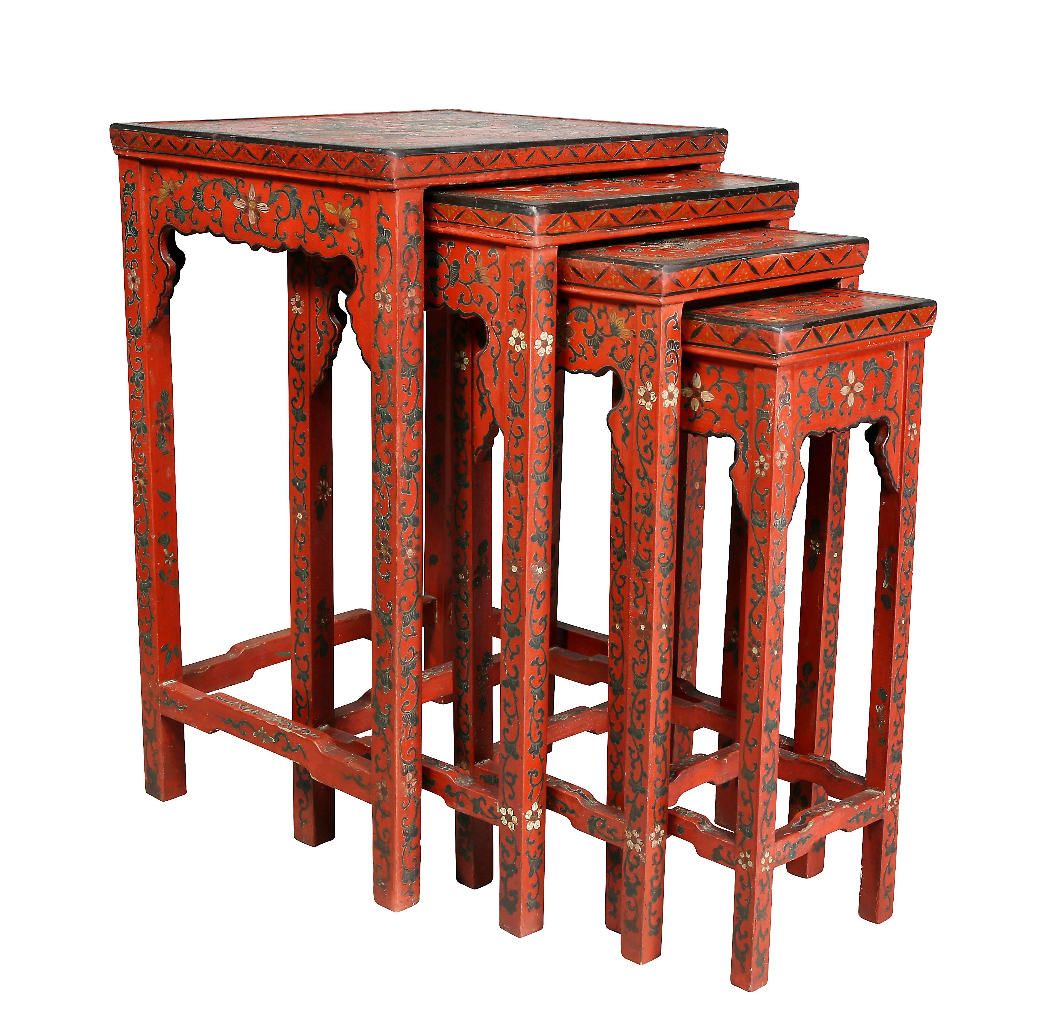 Nest of Four Chinese Red Lacquered Tables
