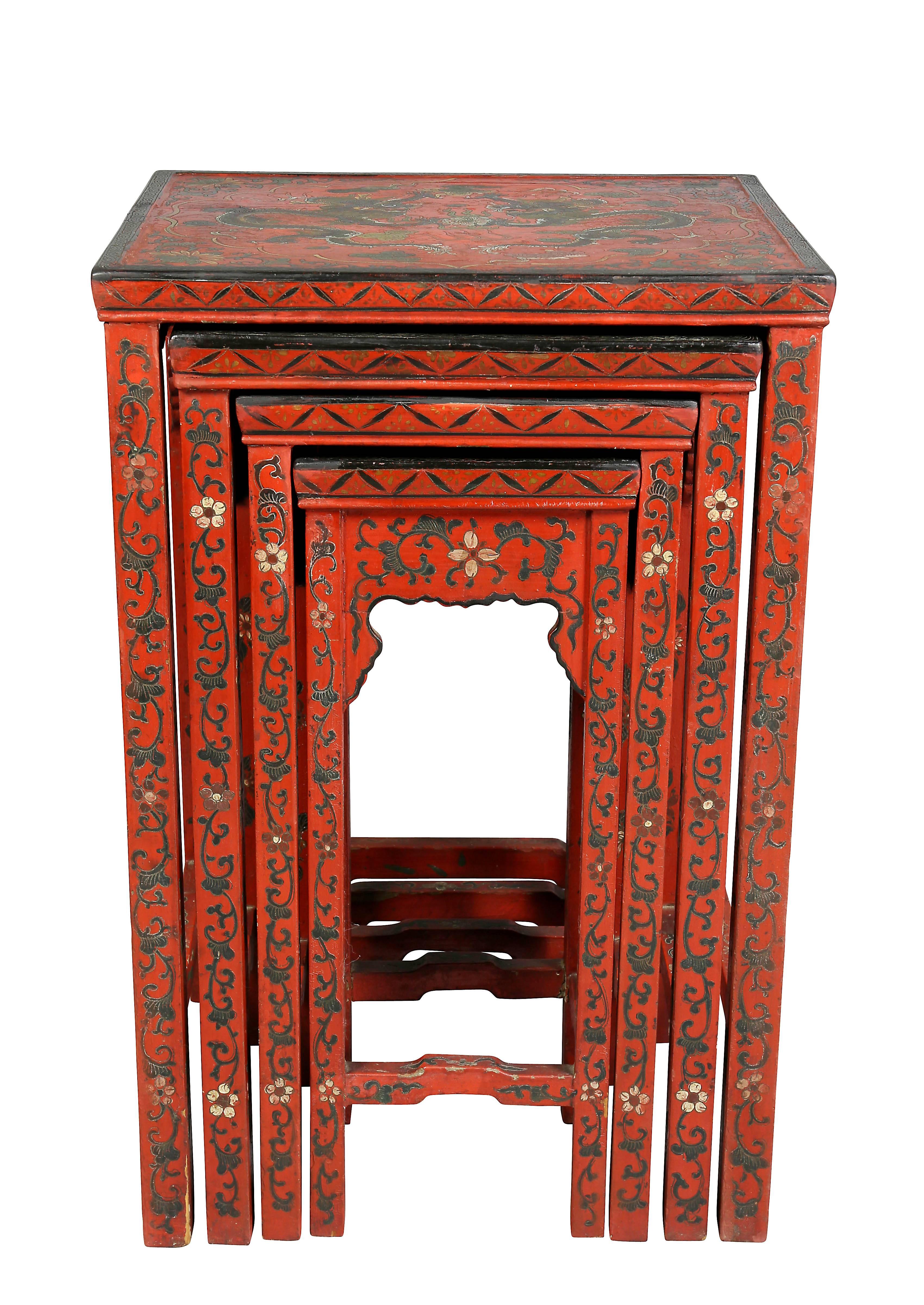 Late 19th Century Nest of Four Chinese Red Lacquered Tables