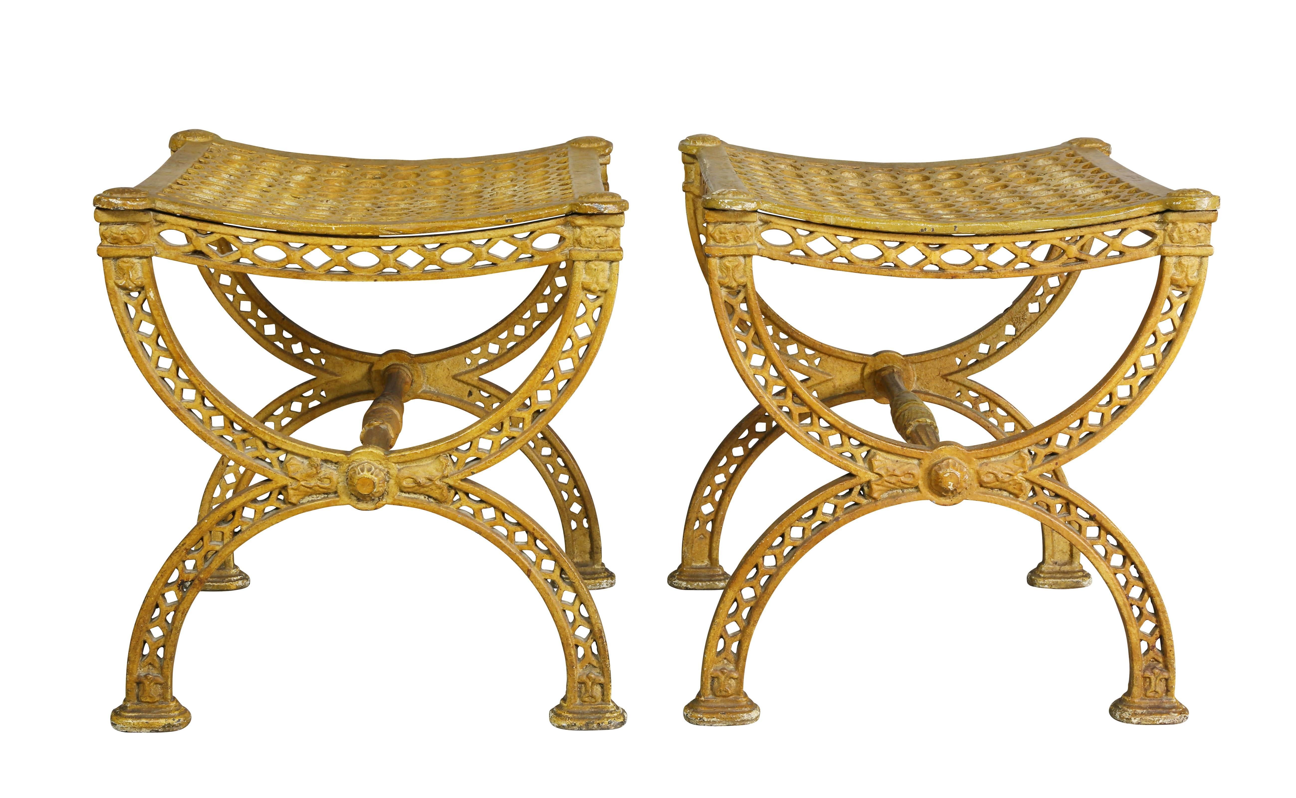 Neoclassical Revival Pair of Neoclassic Yellow Painted Cast Iron Stools