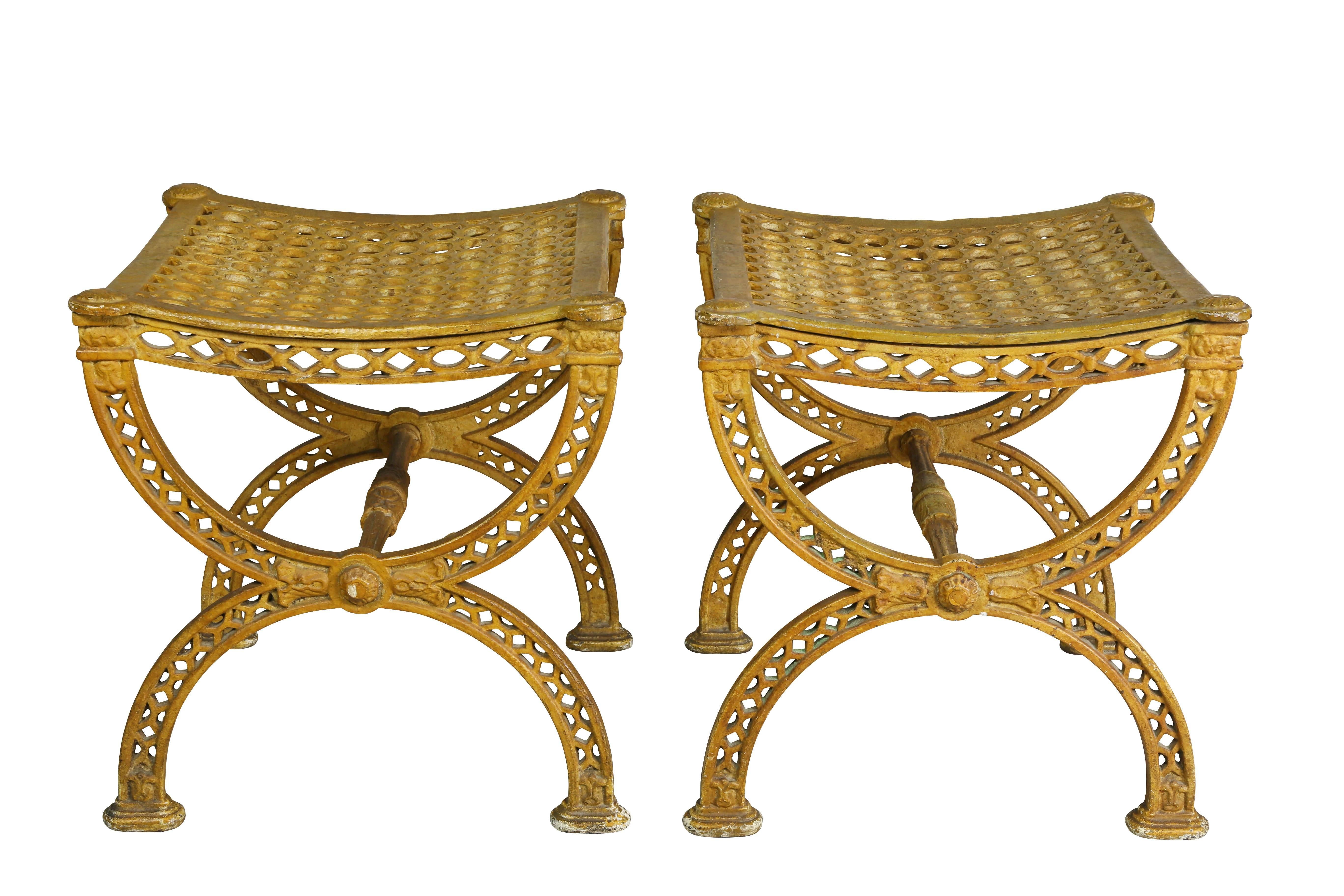 Pair of Neoclassic Yellow Painted Cast Iron Stools 3