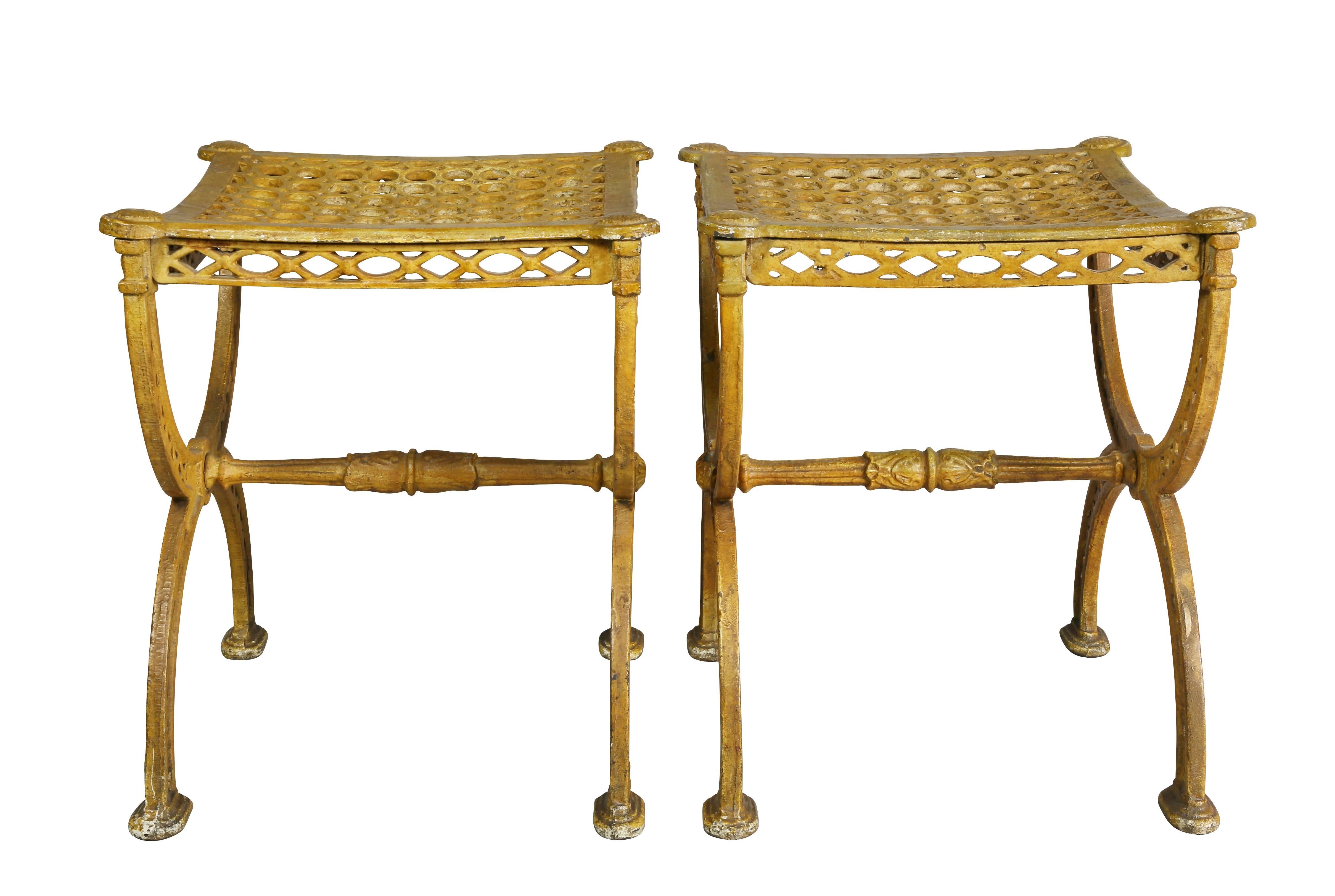 Pair of Neoclassic Yellow Painted Cast Iron Stools 1