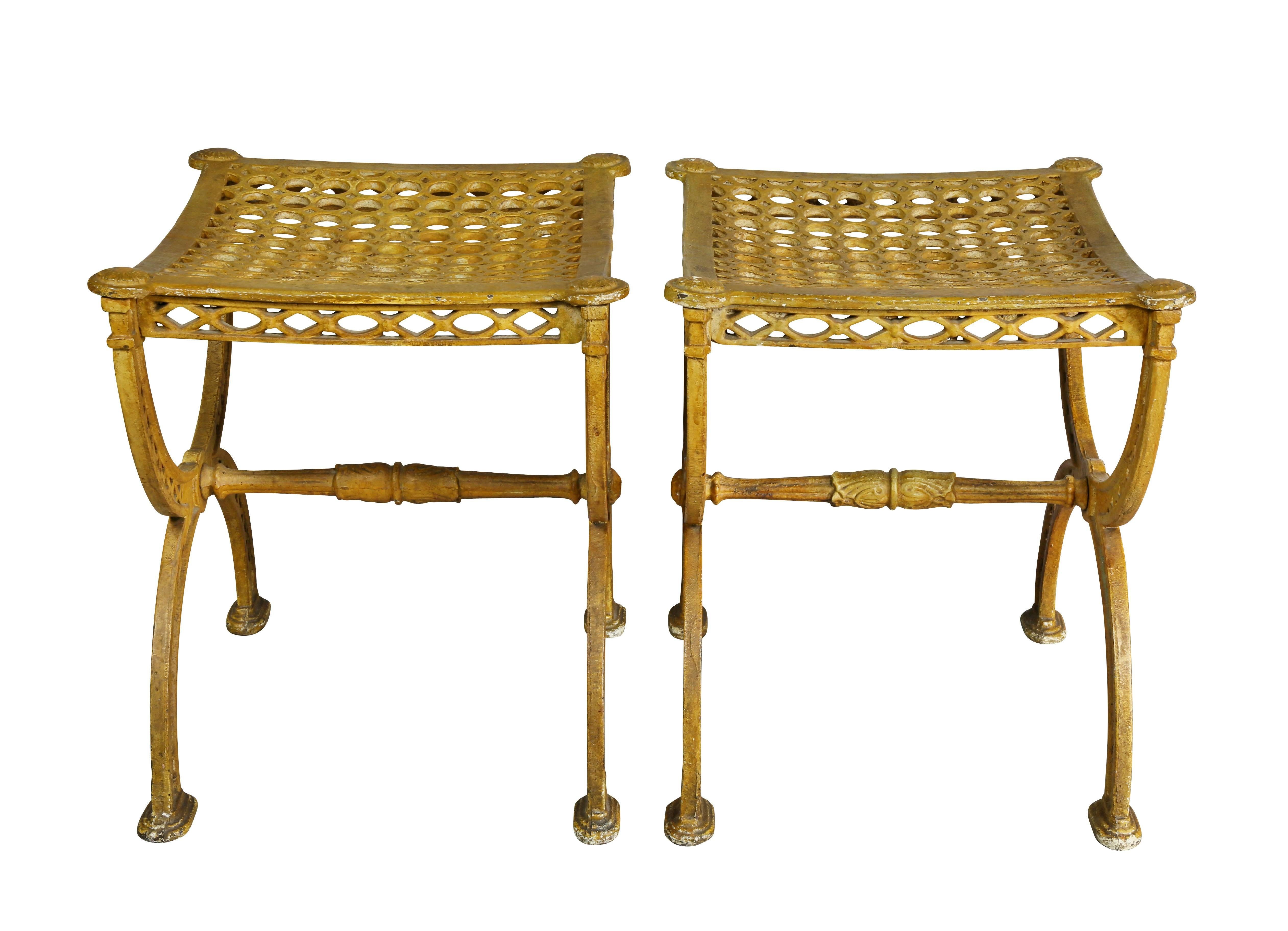 Pair of Neoclassic Yellow Painted Cast Iron Stools 2