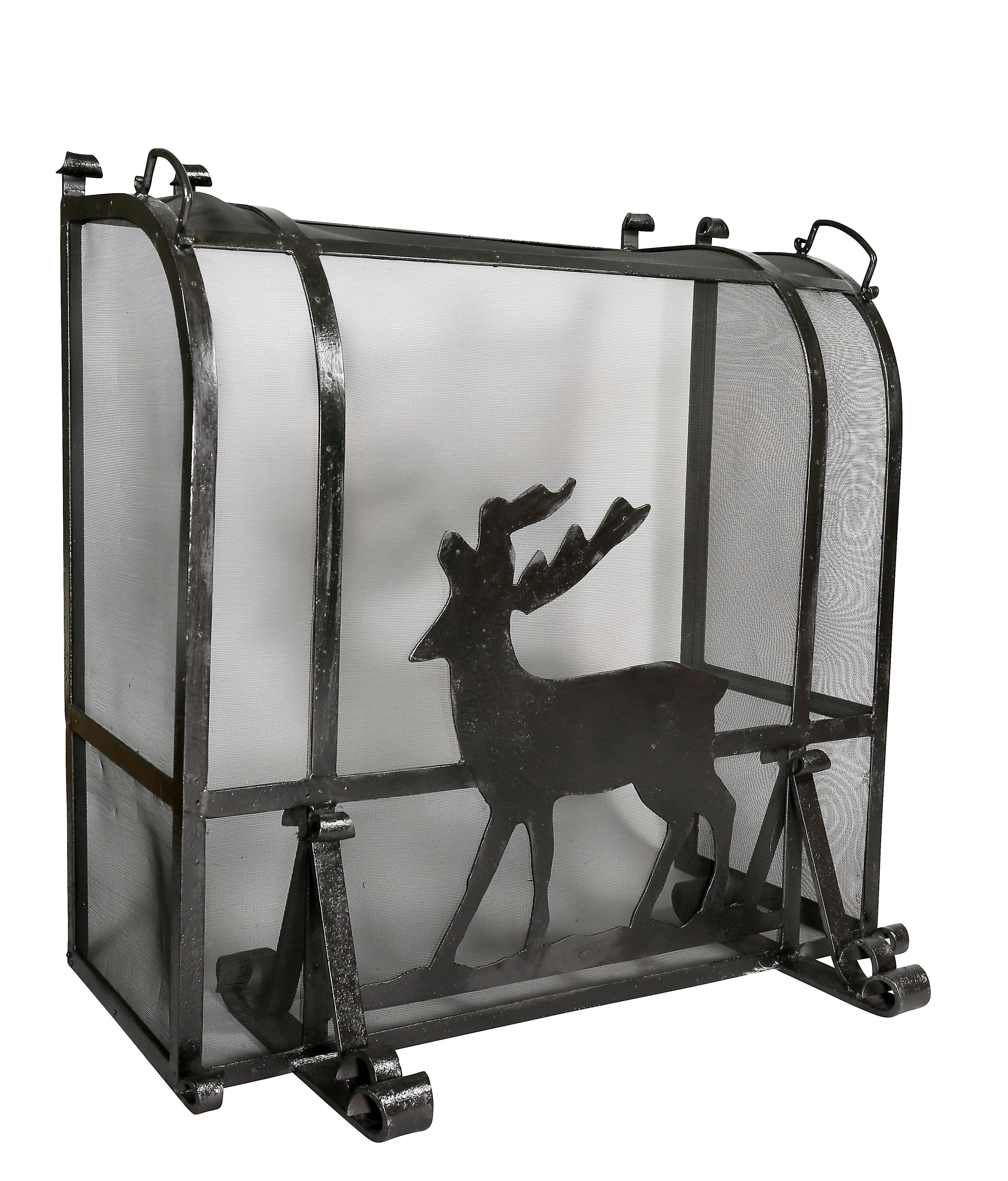 Of heavy gage wrought iron with central figure of a standing deer, with curved top with carrying handles, enclosed sides and scrolled feet.