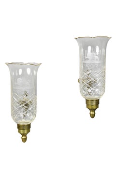 Pair of Regency Brass, Etched and Cut-Glass Hurricane Wall Sconces