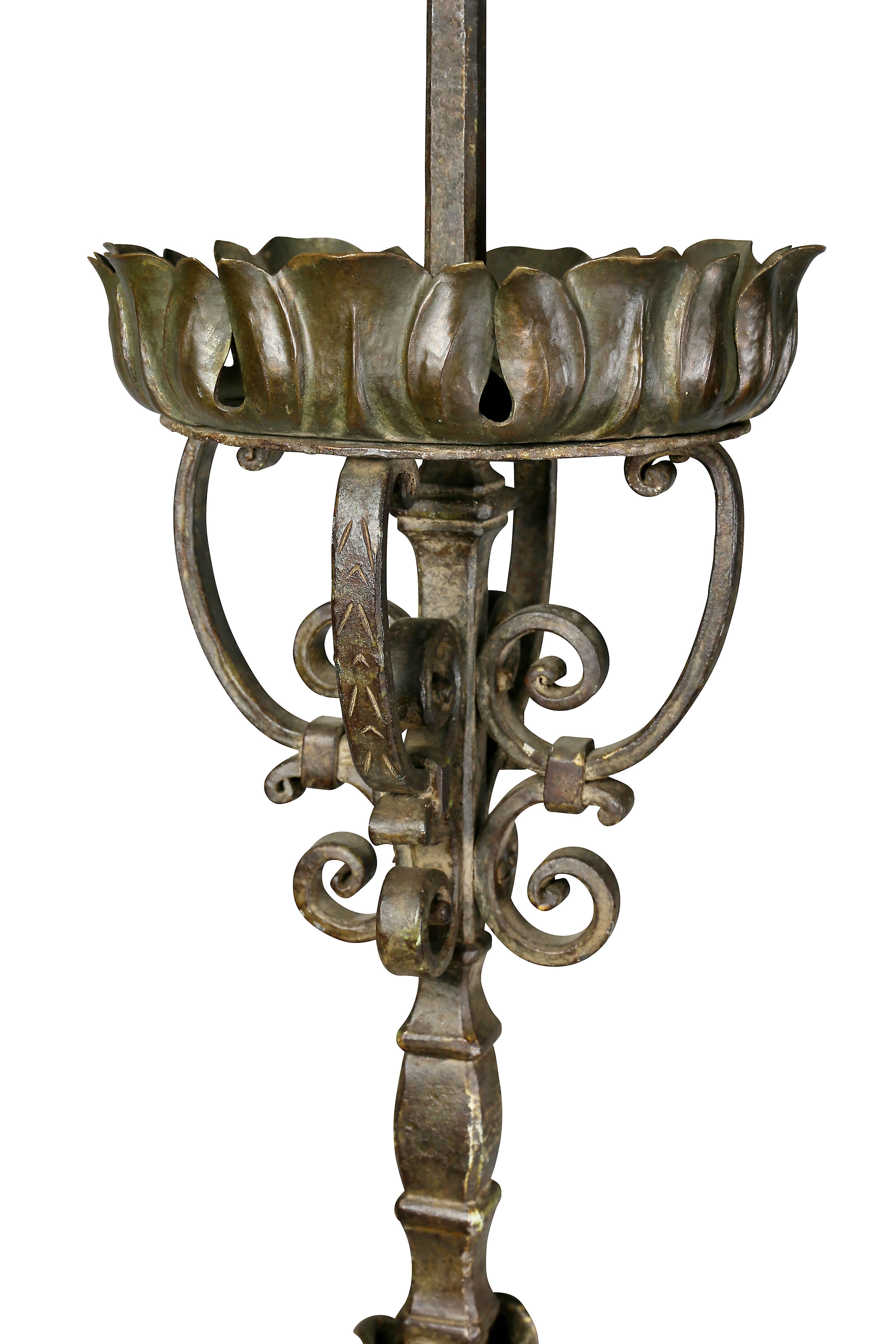Arts & Crafts wrought iron floor lamp with three lights, very heavy and wonderfully wrought. Electrified.