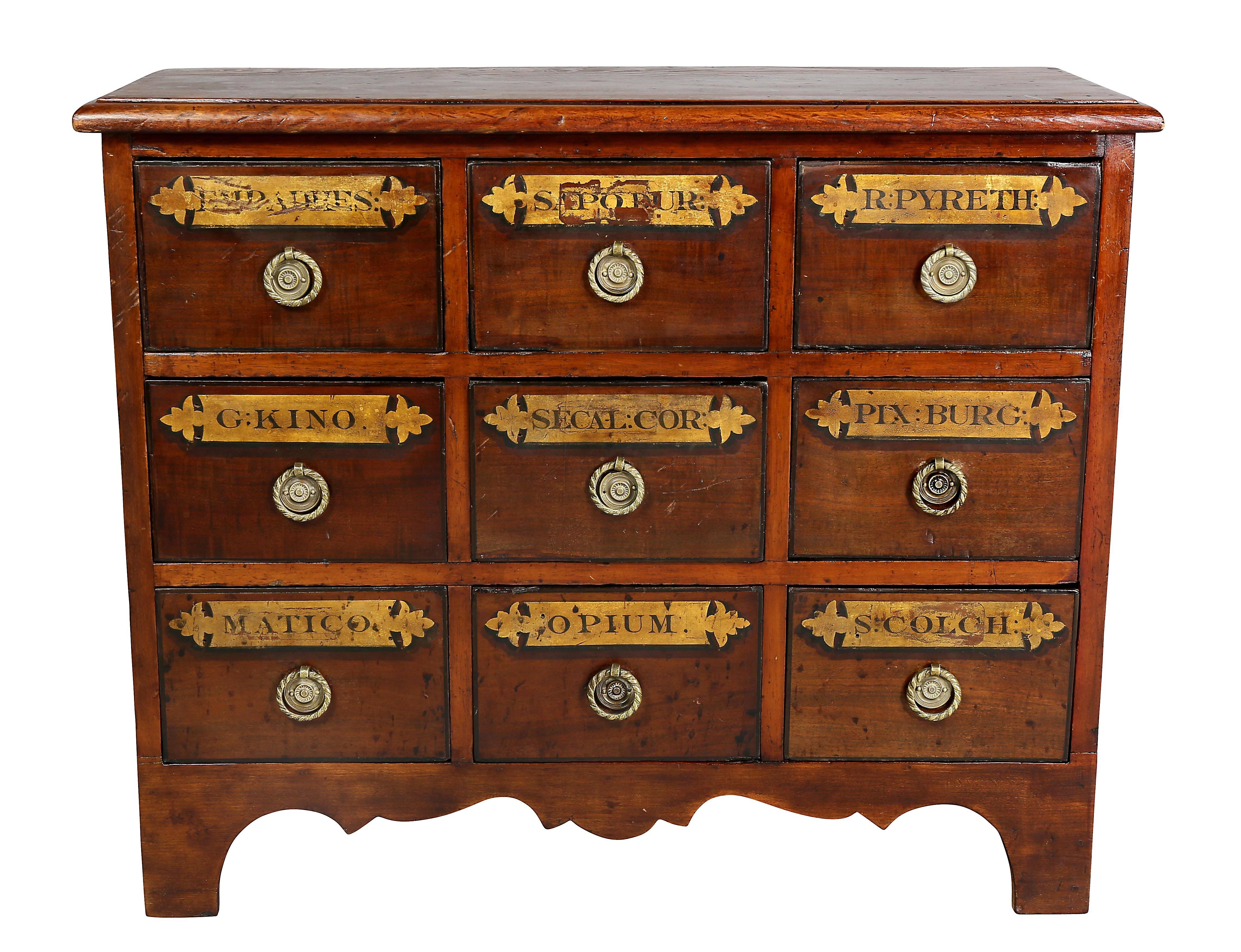 Each rectangular containing nine drawers with labels and brass handles, bracket feet.